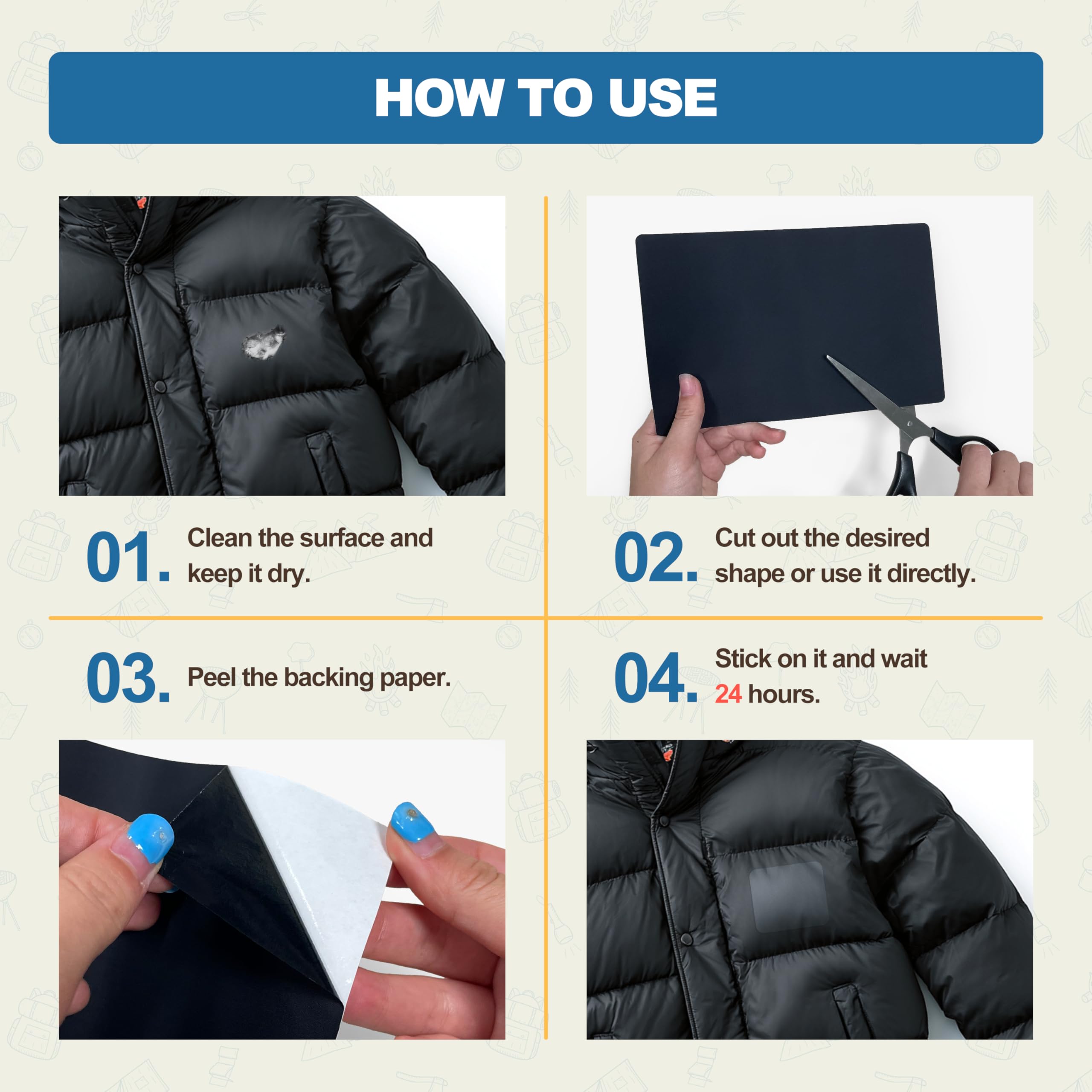 KING MOUNTAIN Self Adhesive Fabric Repair Patch, 5  8 Inches 8 Pcs, Quick Down Jacket Repair Patch, Waterproof Outdoor Gear Patc