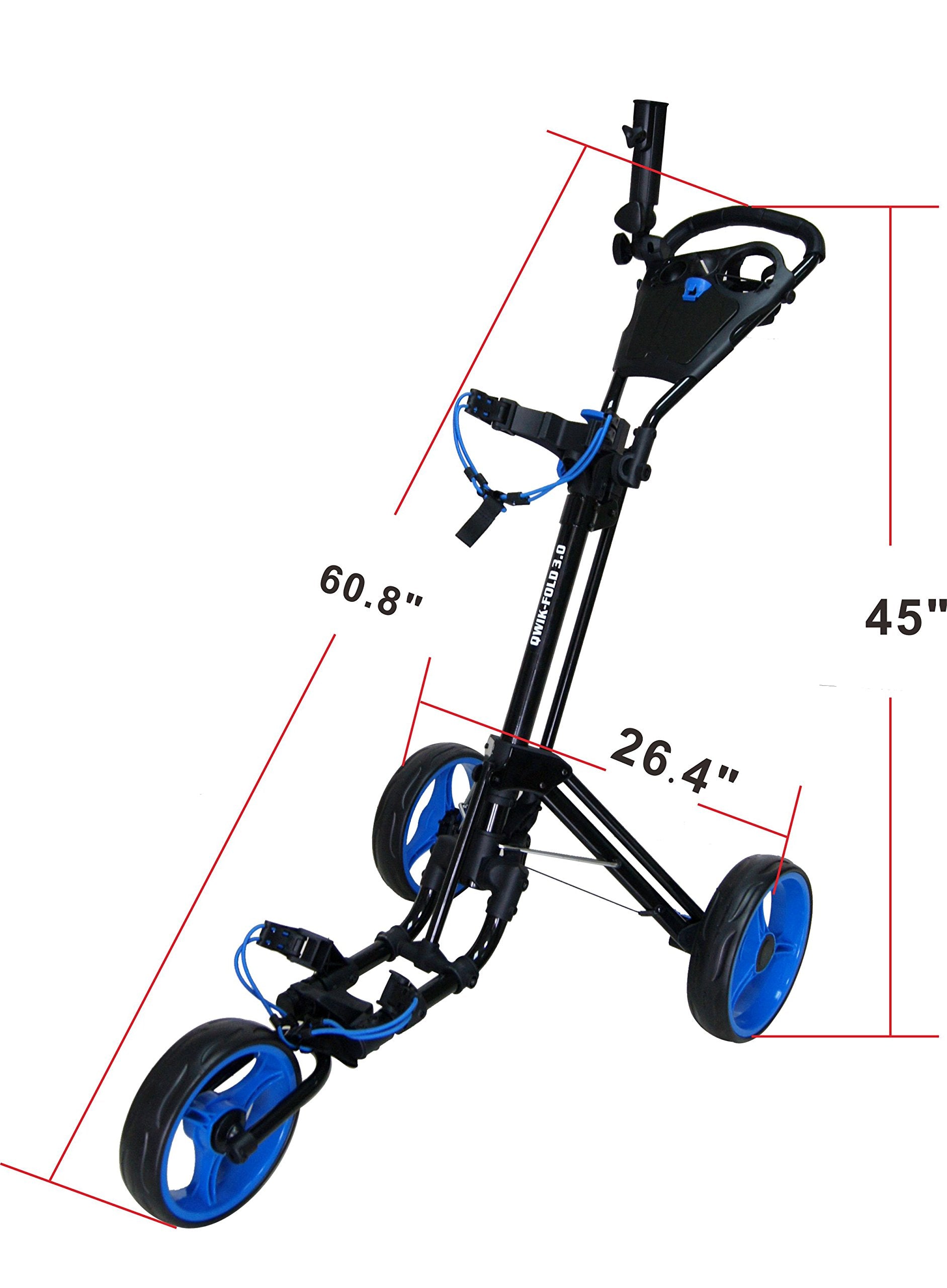 Qwik-Fold 3 Wheel Push Pull Golf Cart - Foot Brake - One Second To Open & Close! (Black/Blue)