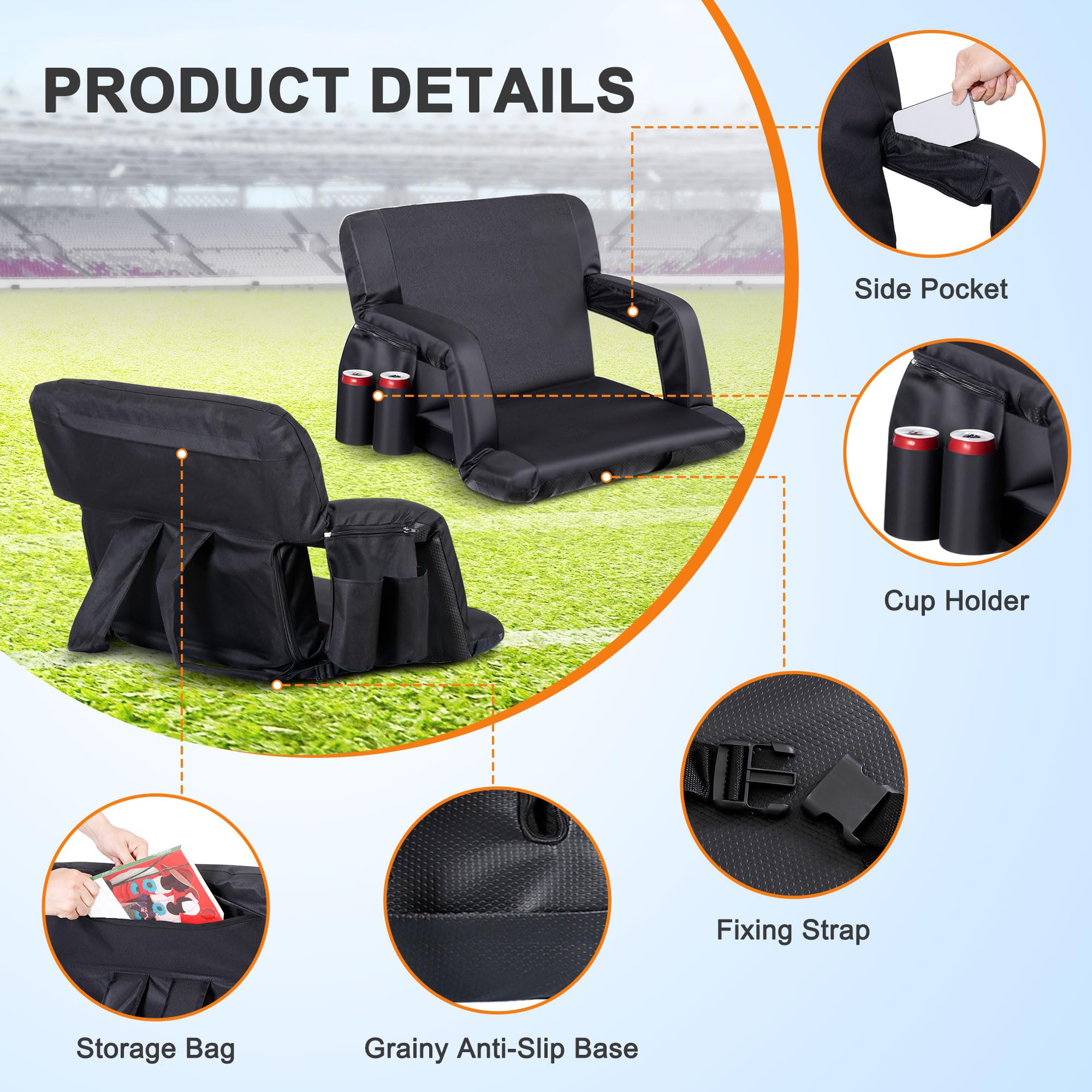 Nova Microdermabrasion 20.5''/25'' Wide Stadium Seat For Bleachers W/Back Support Padded Cushion Portable Reclining Bleacher Sea