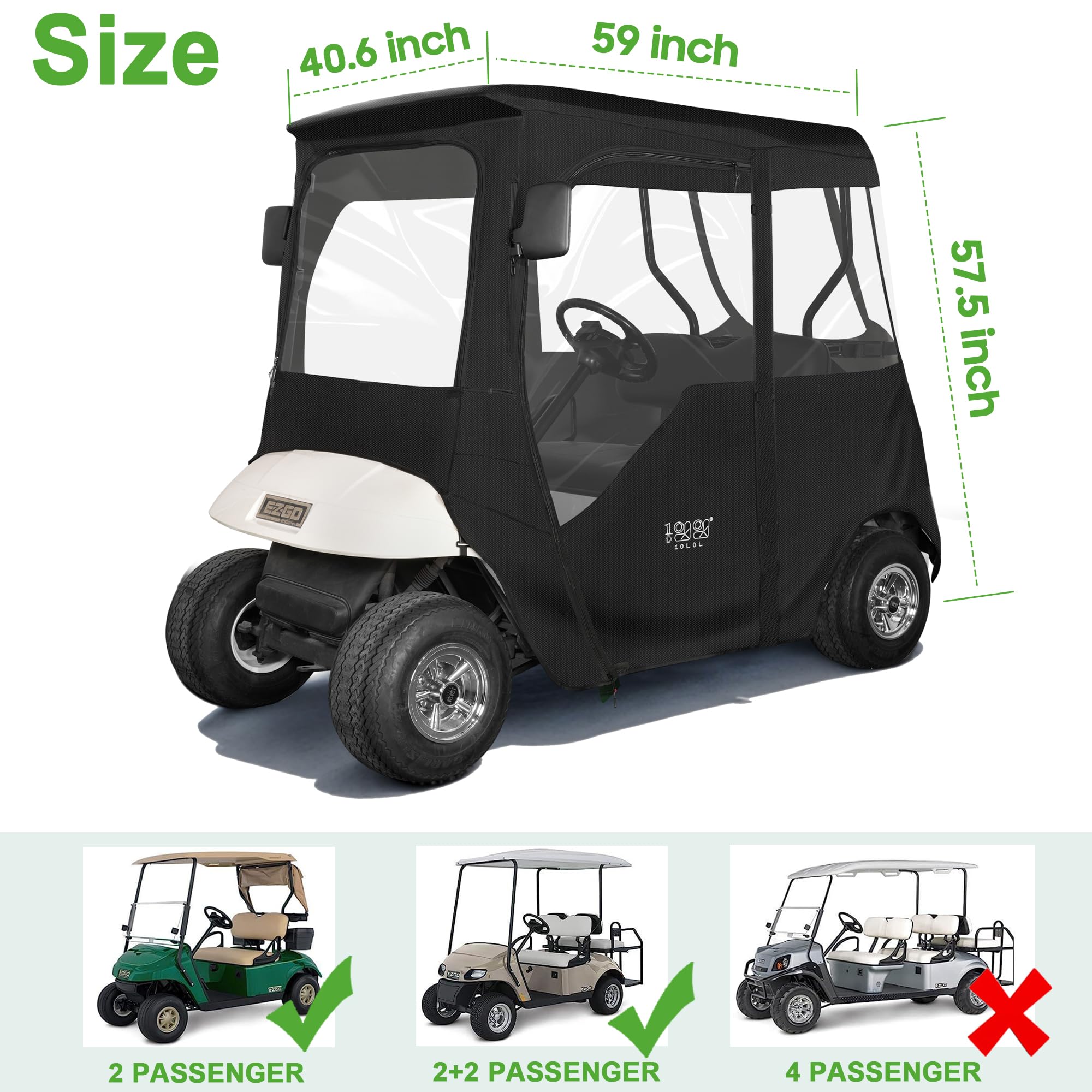 10L0L Golf Cart Enclosure 600D For 2 Passenger Universal Ezgo Txt/Rxv, With 2 Door Zippers, Security Side Mirror Openings, Taill