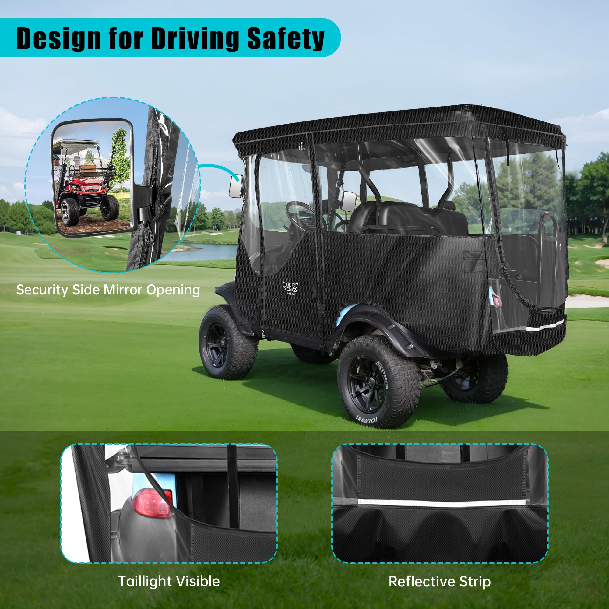 10L0L 4 Passenger Golf Cart Driving Enclosure For Club Car Precedent With Extended Roof Up To 81'', 4-Sided Clear Window 420D Ra