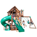Backyard Discovery Skyfort All Cedar Swing Set, Elevated Covered Wood Roof Clubhouse with Bay Windows, 2 Belt Swings, Web Swing,