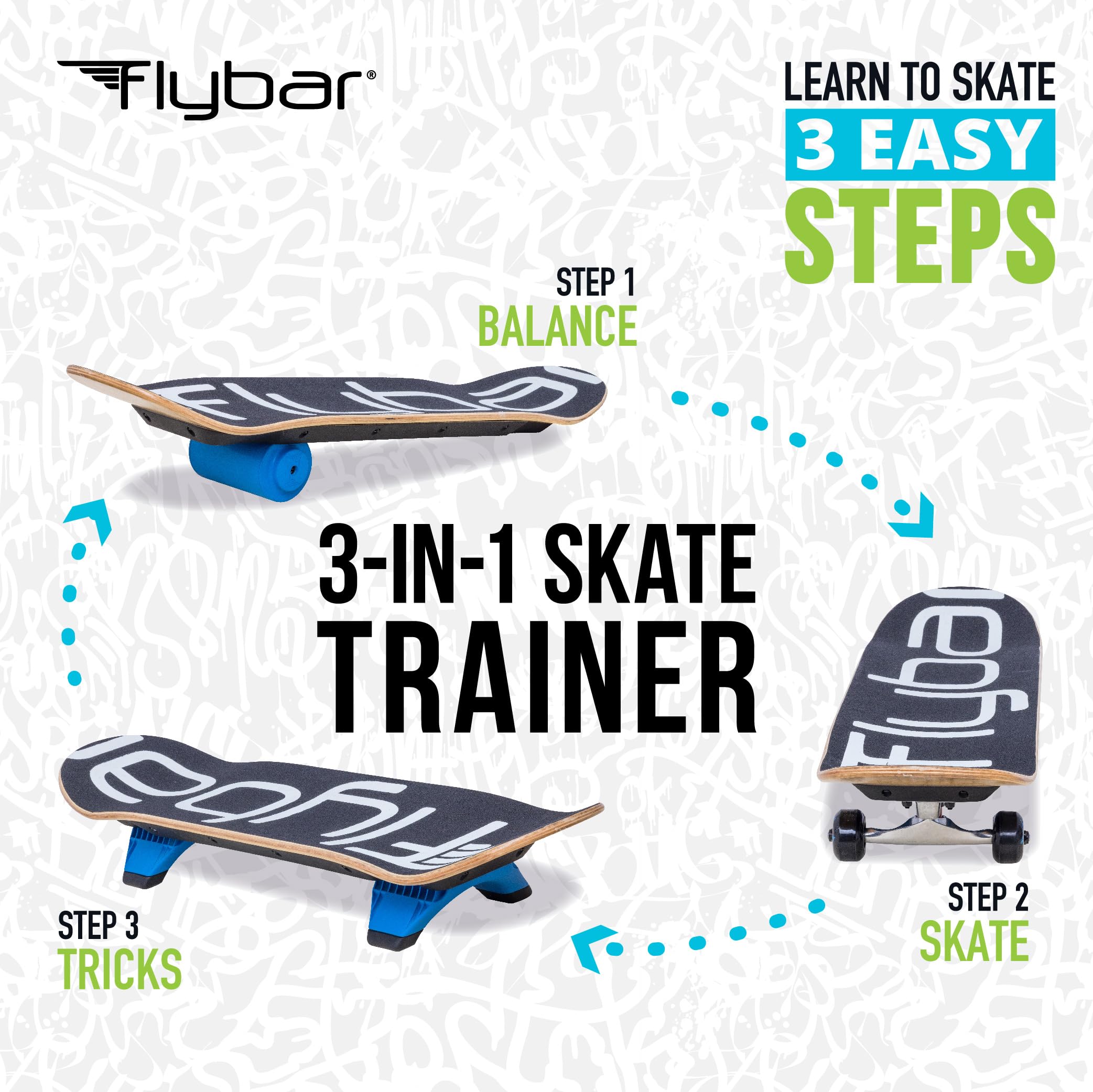 Flybar 3 in-1 Learn to Skate - Complete Skateboard for Beginners, Balance Board, Skateboard Accessories, Learn Skate Tricks Fast