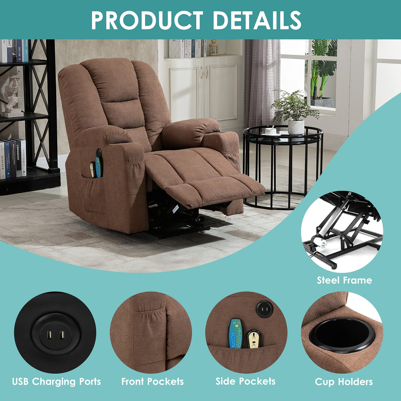 Meetwarm Power Lift Chair Electric Recliner For Elderly Heated Vibration Massage Soft Fabric Recliner Chair With 2 Remote Contro