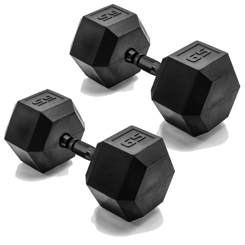 CAP Barbell 65 LB Rubber Coated Hex Dumbbell Hand Weight - Pair | Black Handle