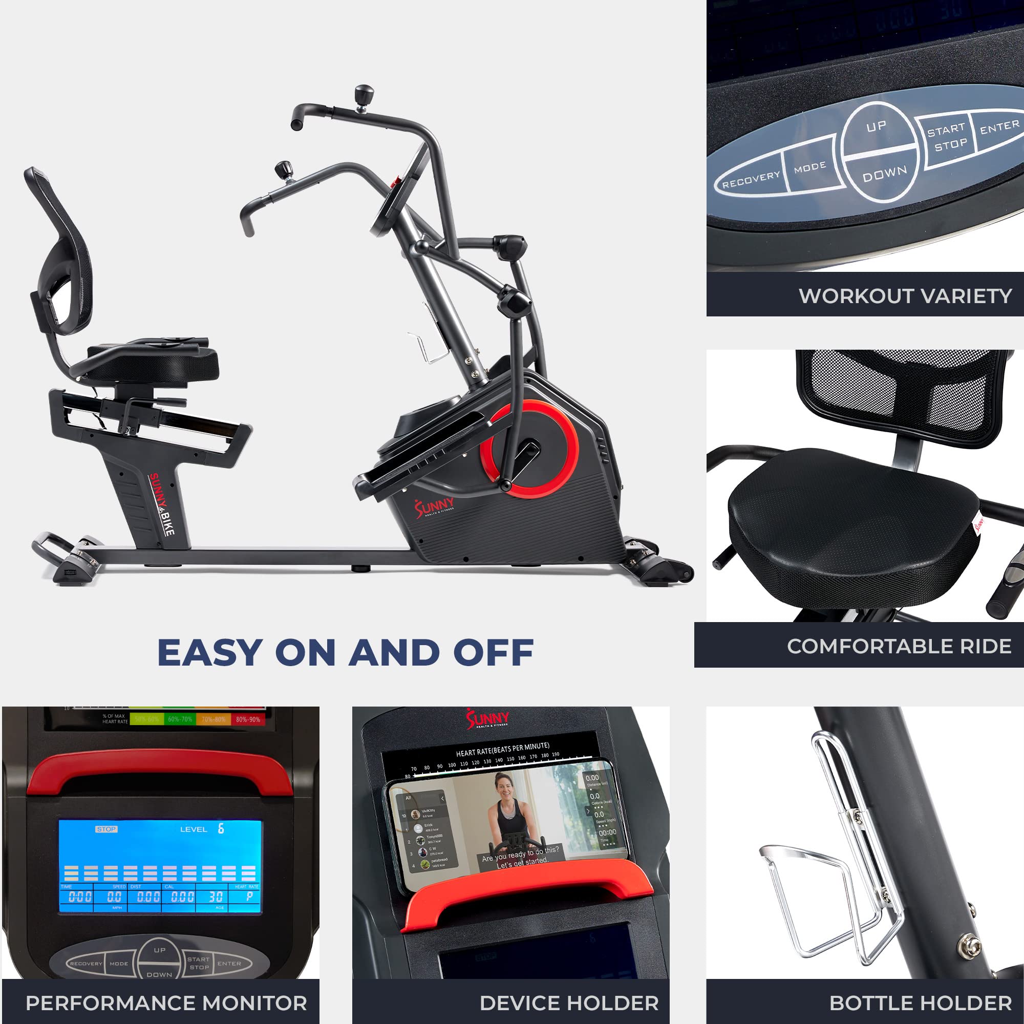 Sunny Health & Fitness Electromagnetic Recumbent Cross Trainer Exercise Elliptical Bike W/Arm Exercisers, Easy Access Seat & Exc