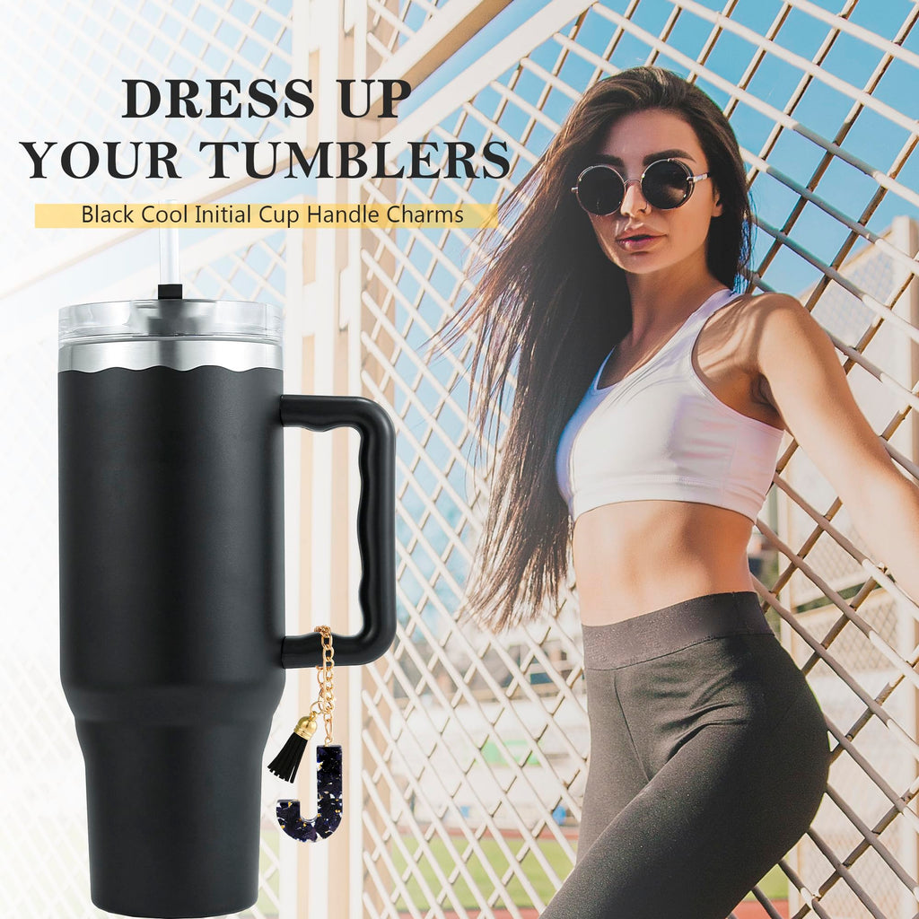 Letter Charm Accessories for Stanley Cup 1 PCS Cute Initial Keychain Handle Charm for Stanley Tumbler for Women Black Letter J
