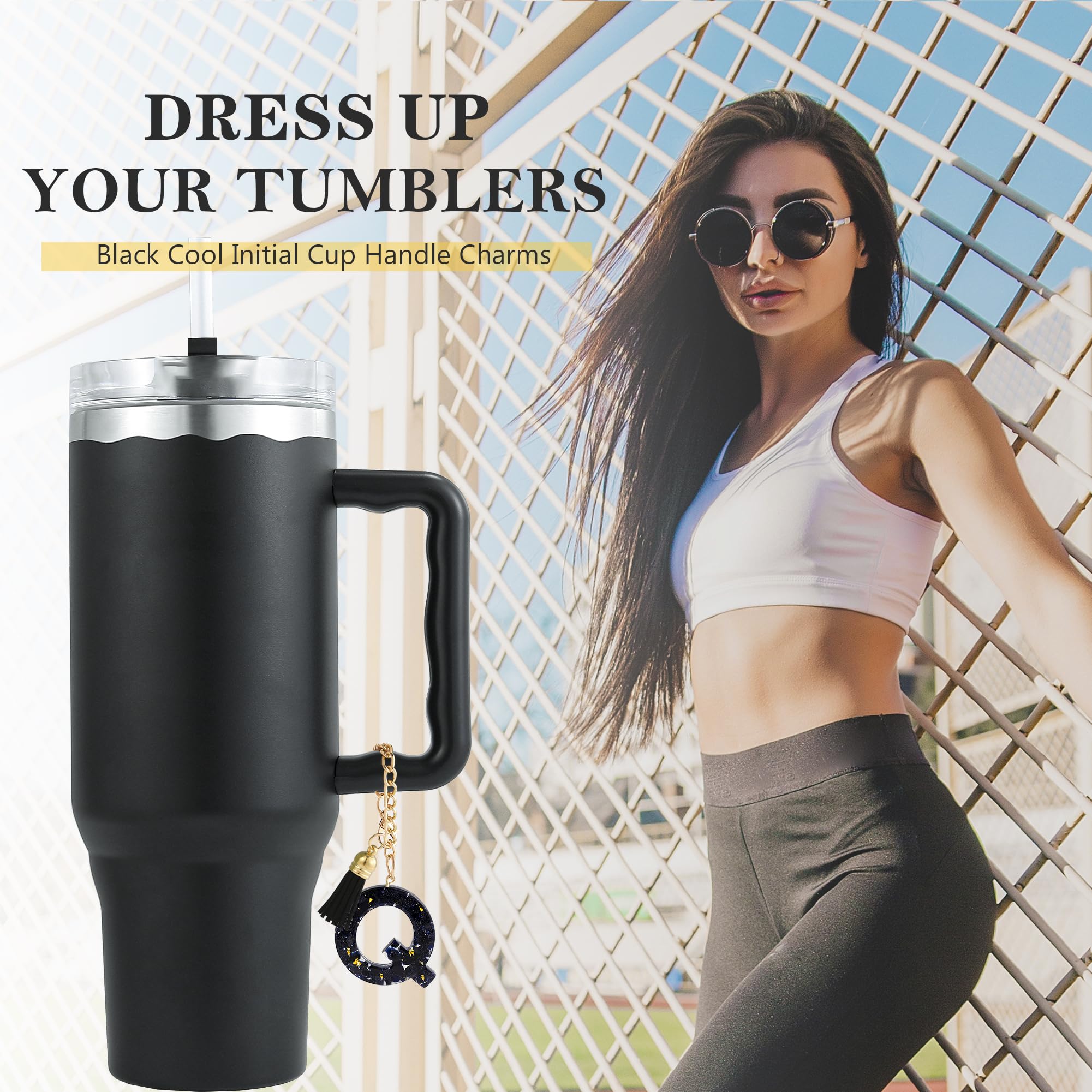 Letter Charm Accessories for Stanley Cup 1 PCS Cute Initial Keychain Handle Charm for Stanley Tumbler for Women Black Letter Q