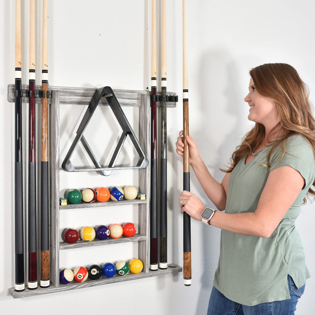 Billiards Xpress Pool Cue Rack - Pool Stick Holder Wall Mount With 16 Ball Holders & 6 Pack Of Chalk - Rubber Circle Pads & Larg