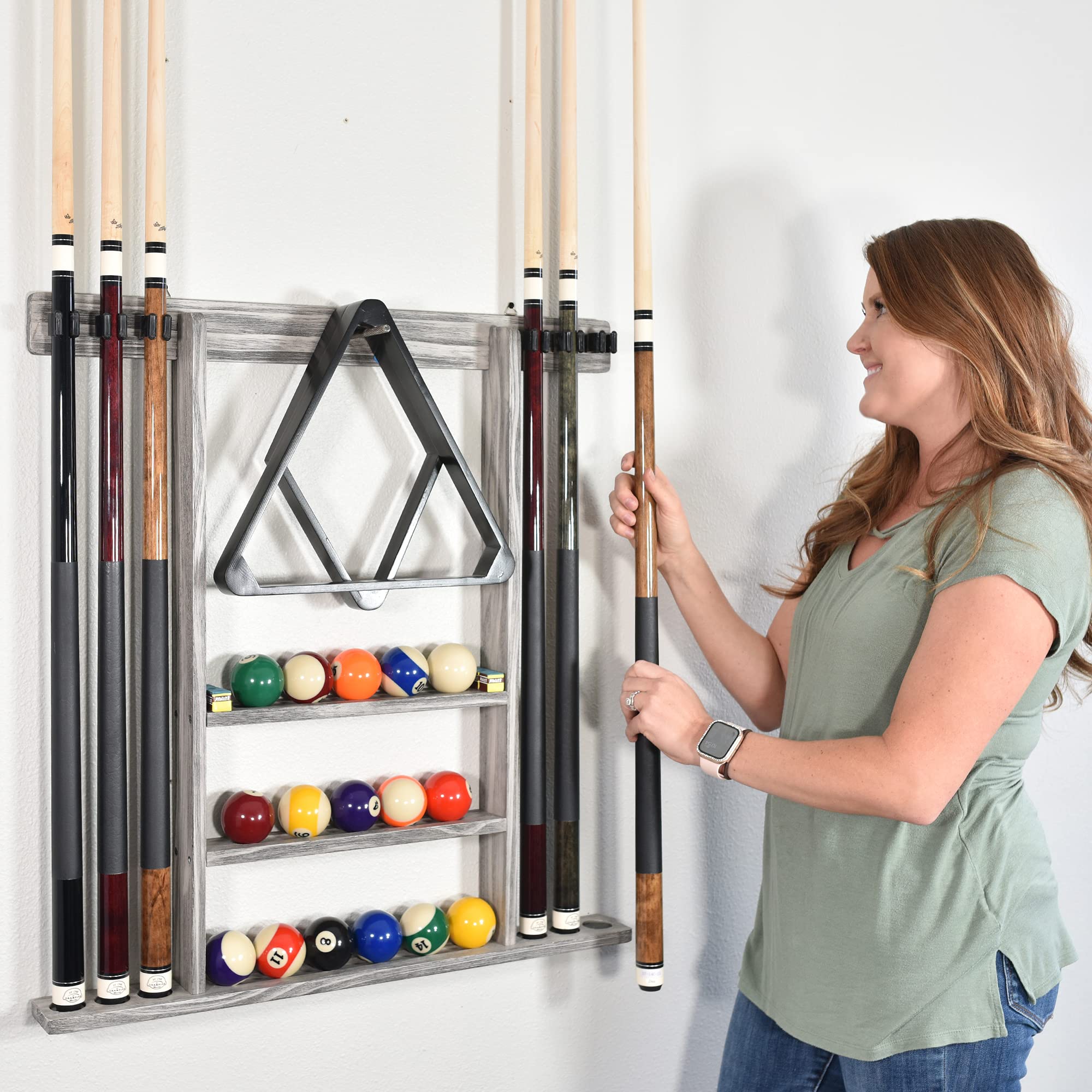 Billiards Xpress Pool Cue Rack - Pool Stick Holder Wall Mount With 16 Ball Holders & 6 Pack Of Chalk - Rubber Circle Pads & Larg