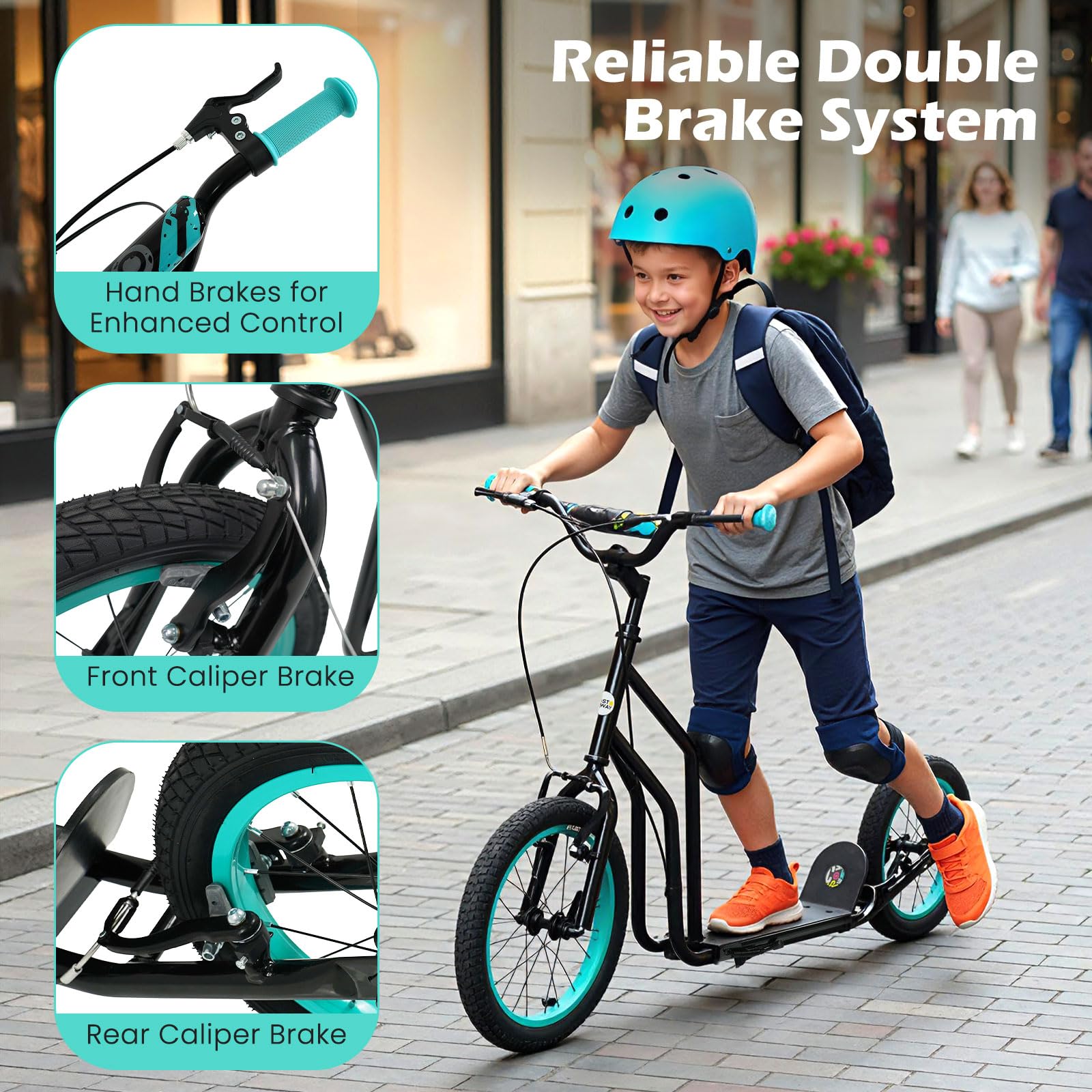 GYMAX Youth Scooter, Height Adjustable Kick Scooters with Extra Large Inflatable 16    Front & 14    Rear Wheels, Dual Hand Brak