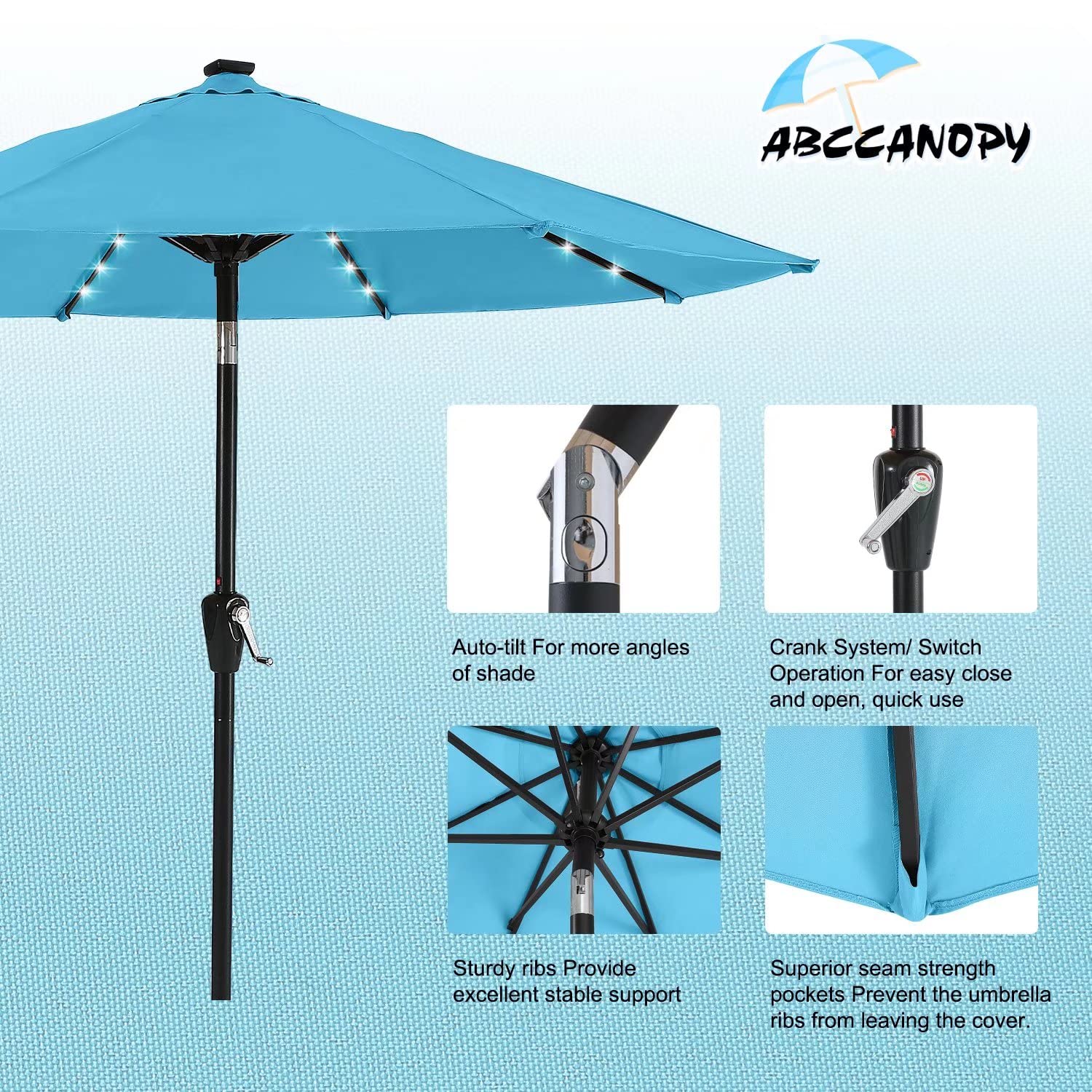 Abccanopy Durable Solar Led Patio Umbrellas With 32Led Lights 9Ft (Turquoise)