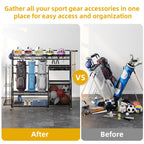 DWVO Sports Equipment Organizer, 3 Golf Bags Storage Stand with Wheels, Sport Gear Accessories Rack and Ball Organizer Bin for G