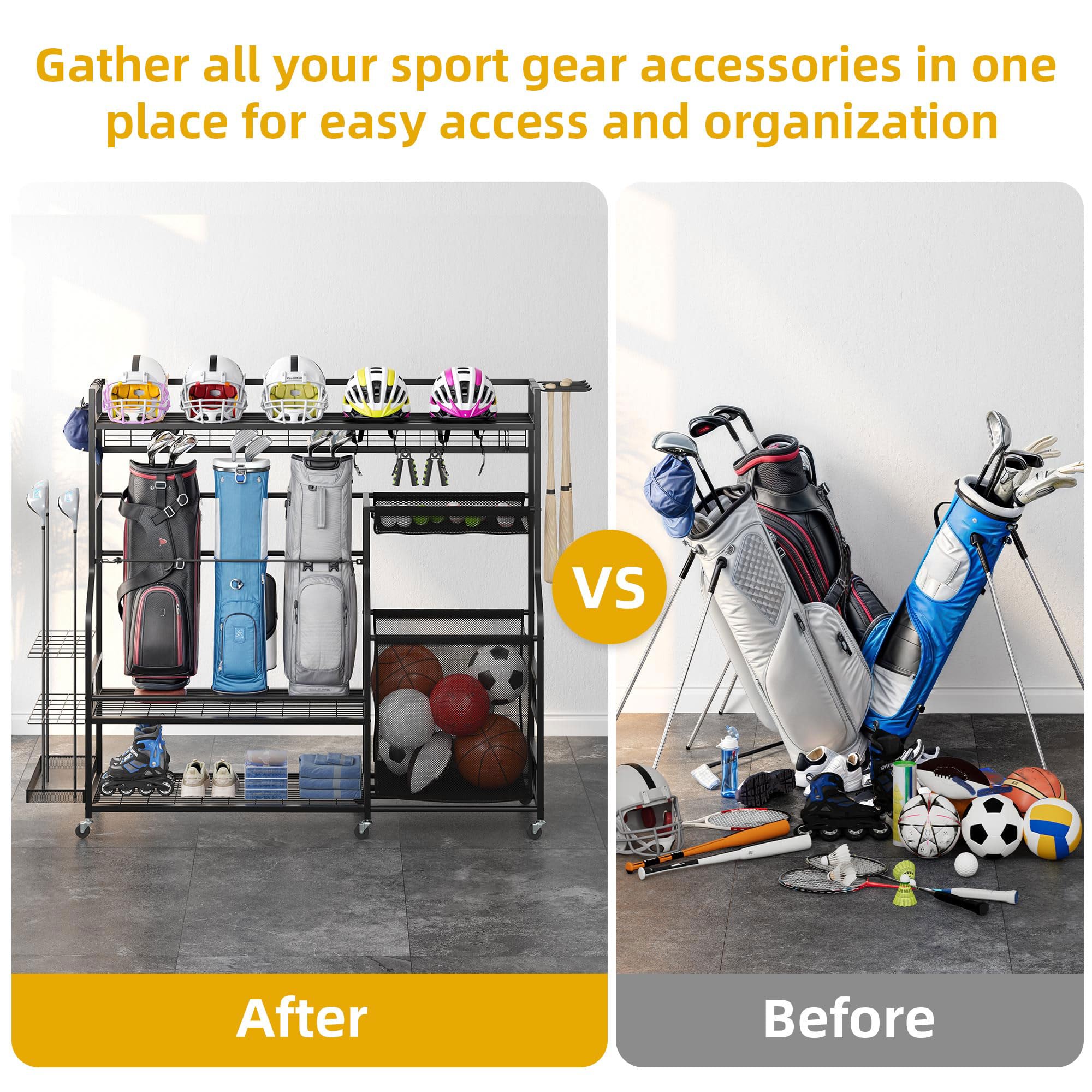 DWVO Sports Equipment Organizer, 3 Golf Bags Storage Stand with Wheels, Sport Gear Accessories Rack and Ball Organizer Bin for G