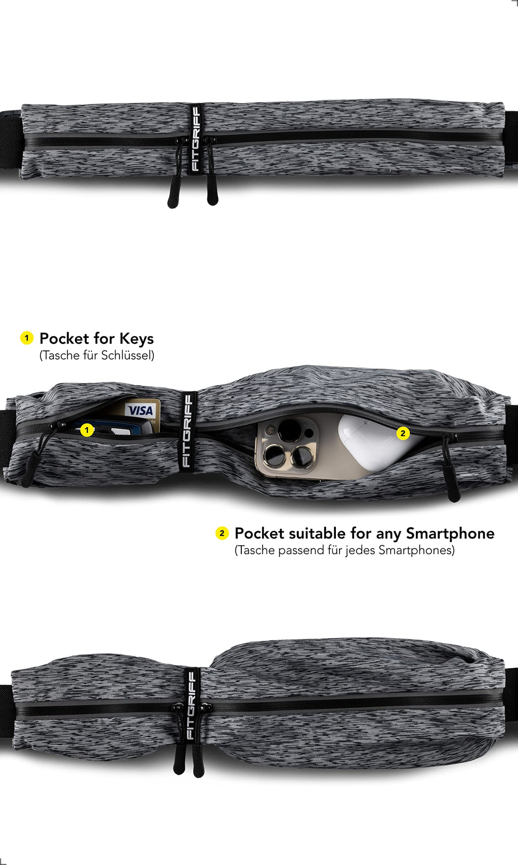 Fitgriff Running Belt For Men & Women - Secure Jogging Pouch For Phone, Keys & Essentials - For All Cell Phones (Grey 2, 33.5''