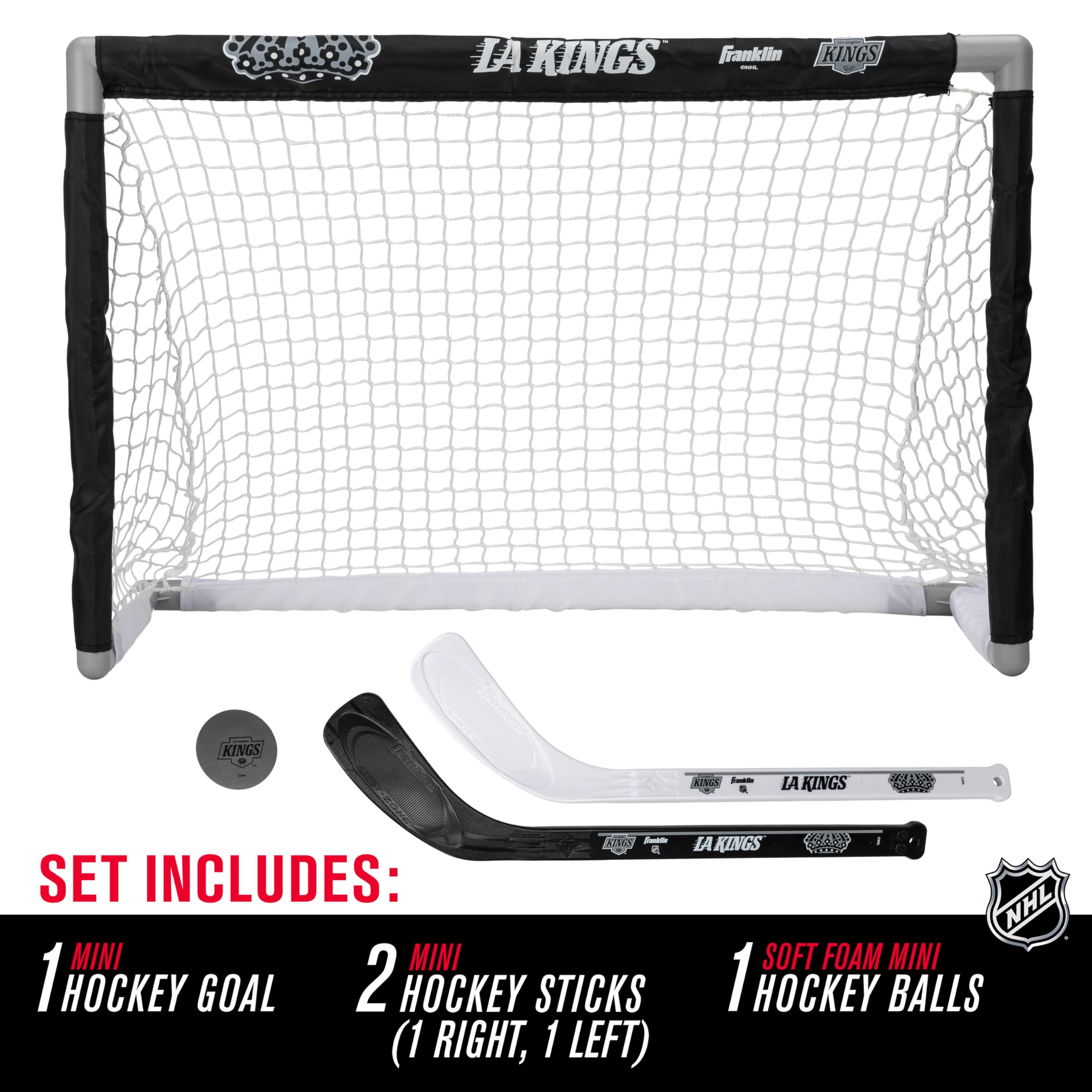 Franklin Sports Nhl La Kings Mini Hockey Set - Kids Indoor Knee Hockey Goal, Ball, + 2 Mini Hockey Stick Combo Set - Youth Nhl T