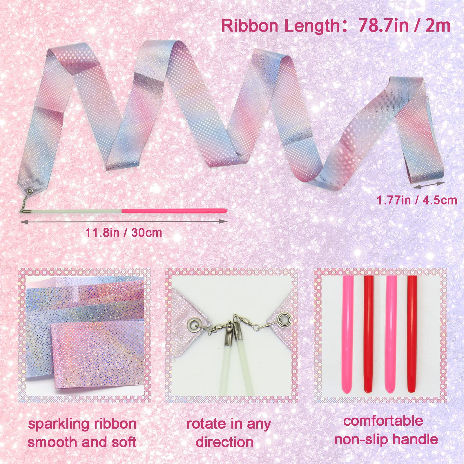 Kaiyuan Dynasty 4Pcs Dance Ribbons Sparkling Dance Ribbon Streamer 78.7Inch Gymnastics Ribbon Dancer Wand Twirling Dancing Ribbo