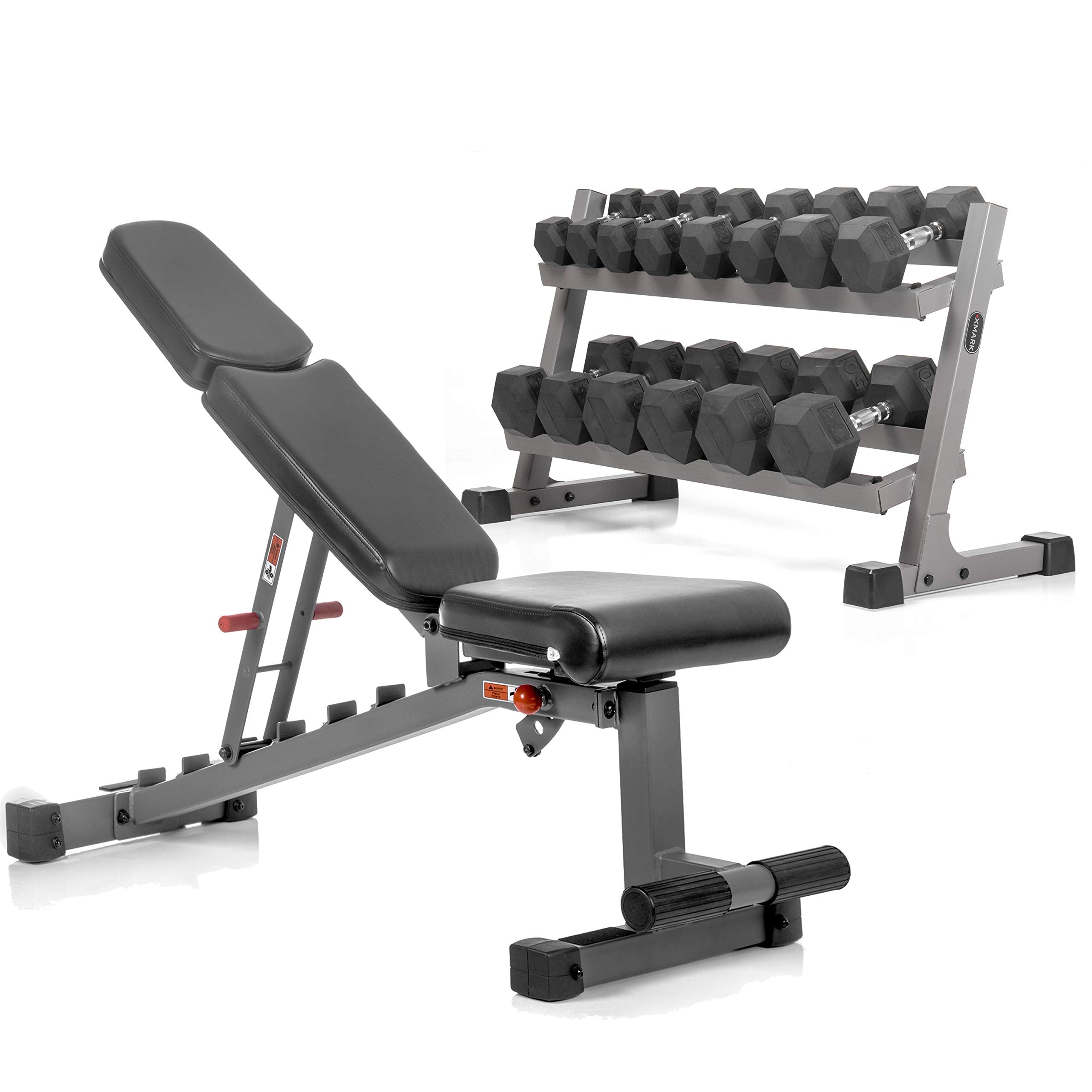 Xmark'S Two Tier Heavy Duty Steel Dumbbell Rack, 380 Lbs. Of Xmark'S Superior Rubber Coated Hex Dumbbells And Adjustable Weight 