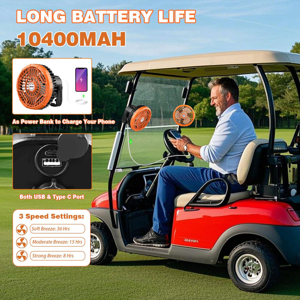 Aipset Rechargeable Golf Cart Fan, 10400Mah Battery, 3-Speed, Led Light, 36 Hrs Work, Remote Control, Hang Hook, Usb & Type C Po