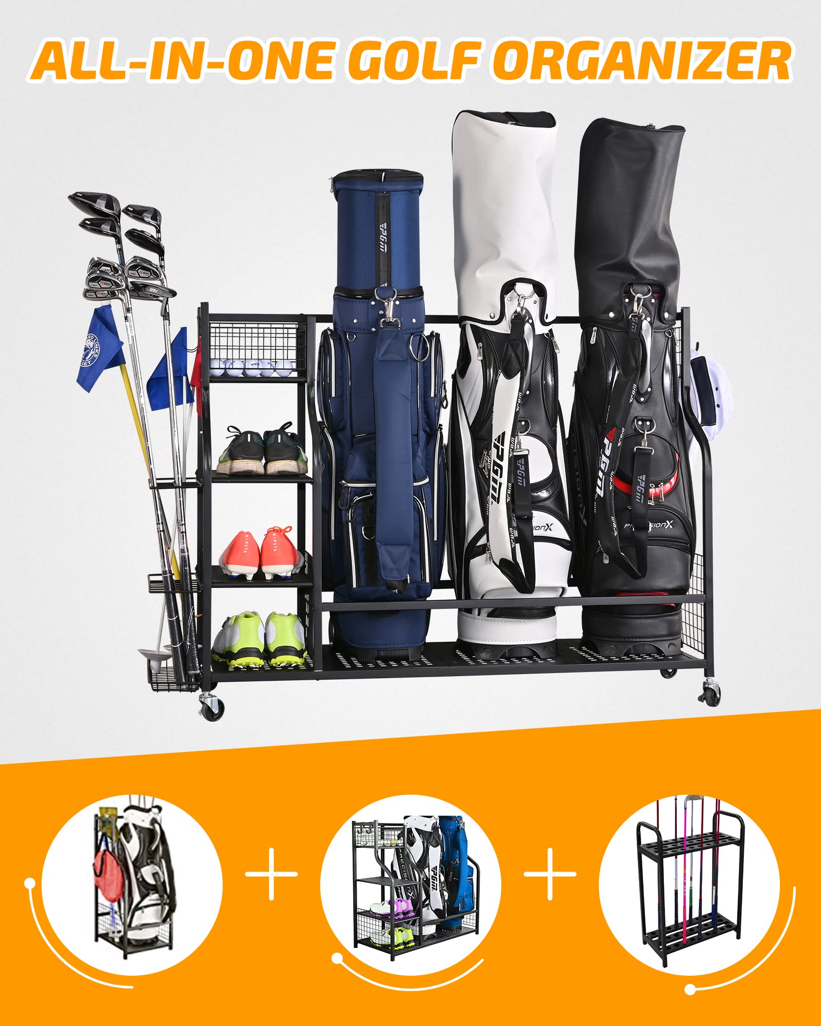 Plkow Golf Bag Storage Garage Organizer, Extra Large Size Golf Bag Storage Stand And Golf Equipment Rack For Garage,Shed, Baseme