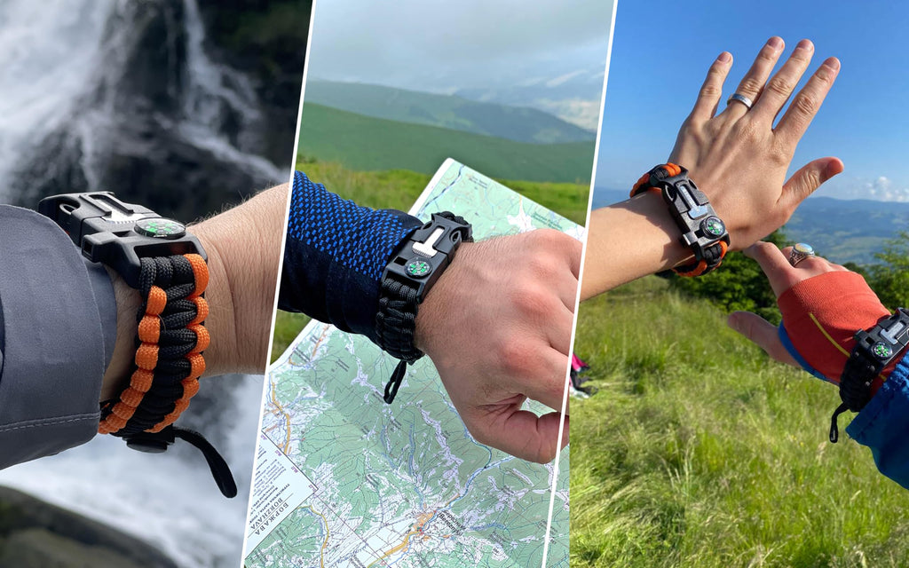 Paracord Survival Bracelets (Pair)  Flint & Steel Fire Starter, Whistle, Compass, Mini Saw  Adjustable Band Size For Camping, Bu