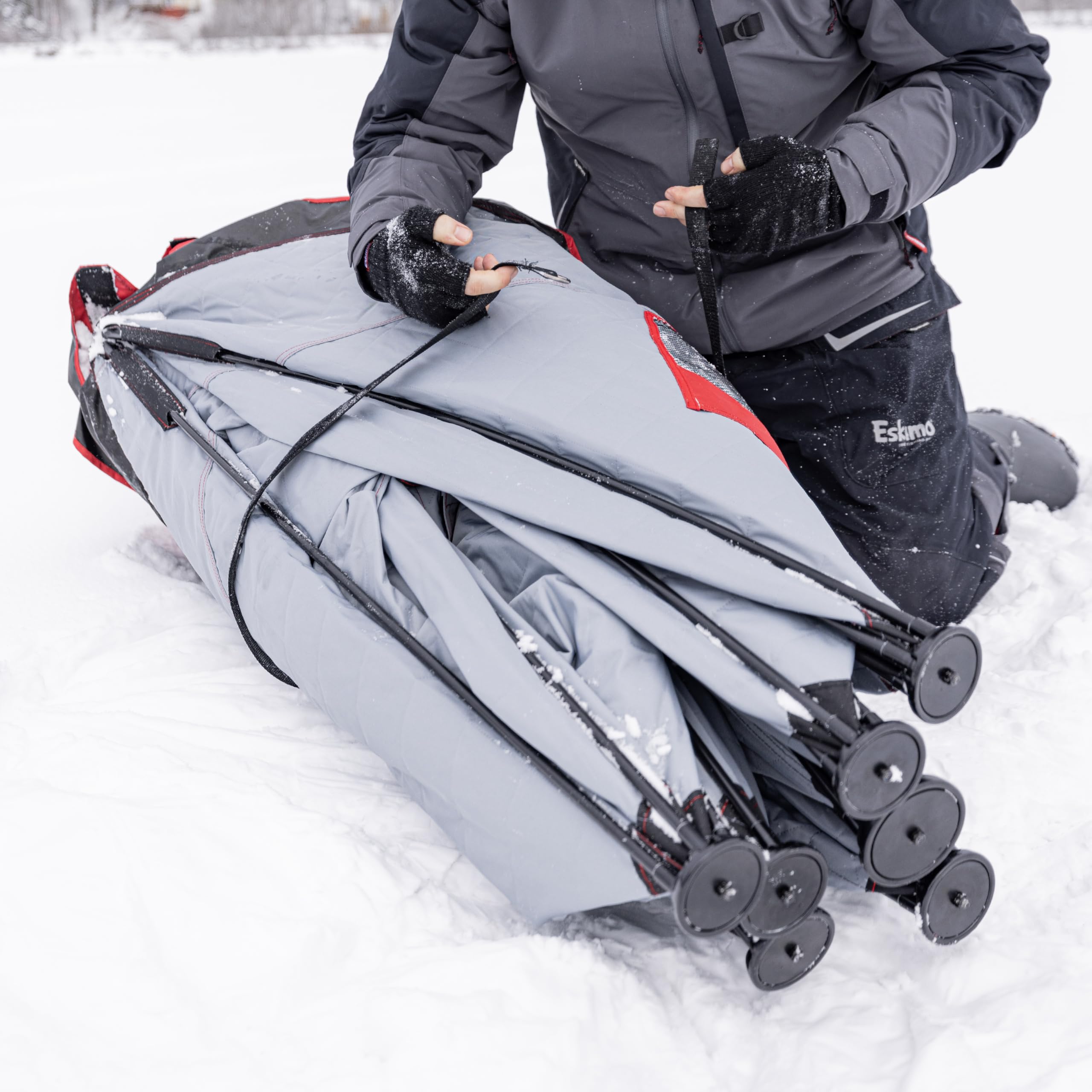 Eskimo QuickFish 6HD, Pop-Up Portable Shelter, No-Trip Door, Red/Black, Fully Insulated, Deluxe Ice Anchors, Six Person, Ice Fis