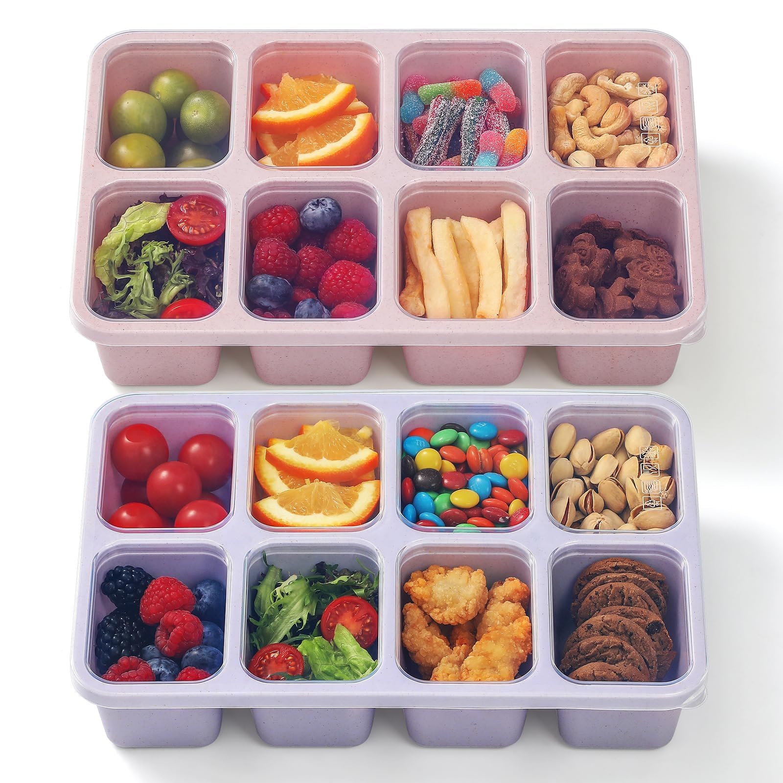 Snuvid 2 Pack Reusable Snack Containers With Lids, 8-Compartment Divided Snackle Serving Tray, Bento Box, Food Storage, Lunch Me