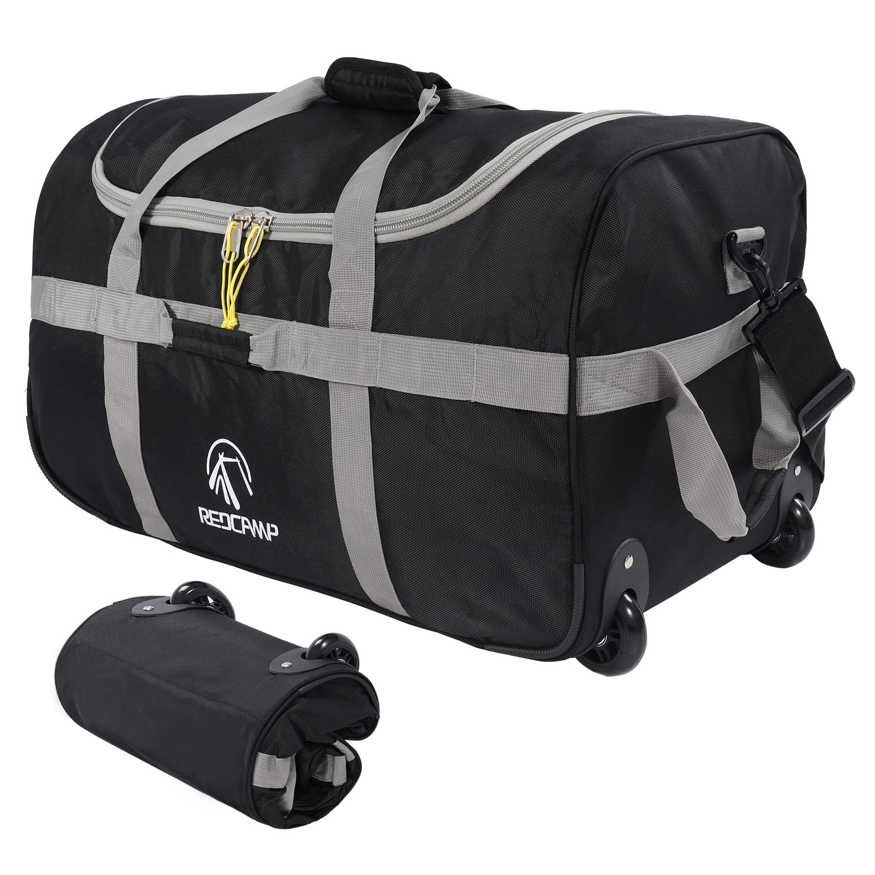 REDCAMP 85L Foldable Duffle Bag with Wheels 26, 1680D Oxford Collapsible Large Duffel Bag with Rollers for Camping Travel Gear, 