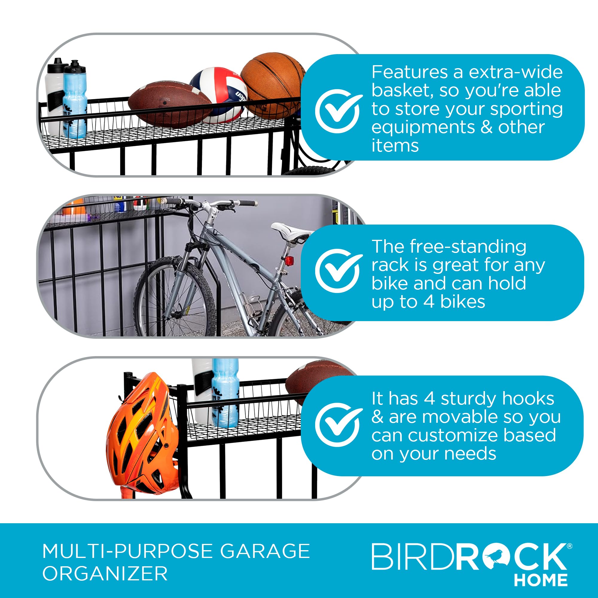 Birdrock Home Bike Rack Garage Storage Floor Stand - Freestanding Organizer For Outdoor Yard - Upright Wall Mount For Scooters,