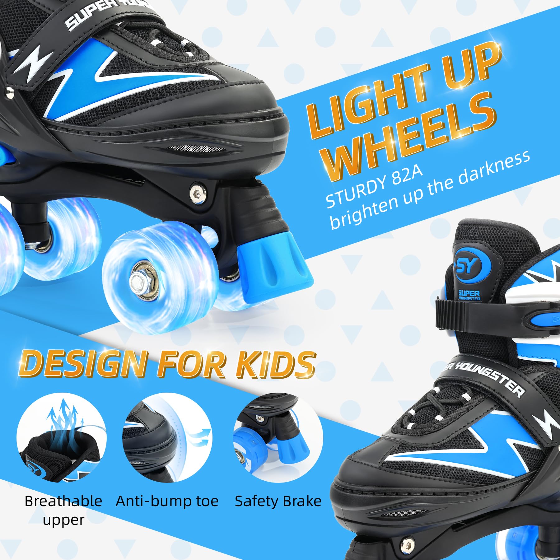 SUPER YOUNGSTER Adjustable Roller Skates Boys Kids Ages 5-8 8-12 Roller Skates Girls with Light up Wheels, Fun Rollerskate for Y