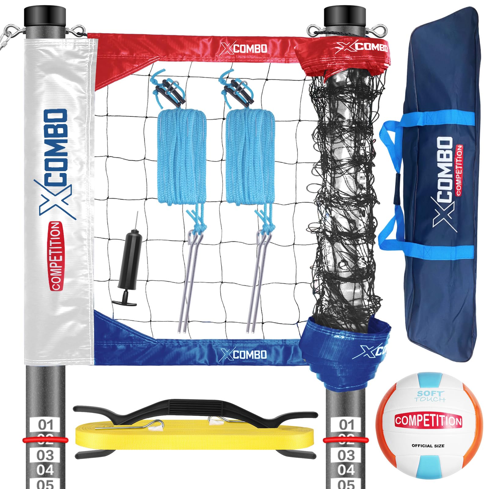 JOLORLY Professional Volleyball Net Set Heavy Duty for Outdoor Backyard Portable with Aluminum Adjustable Height Scoring Poles, 