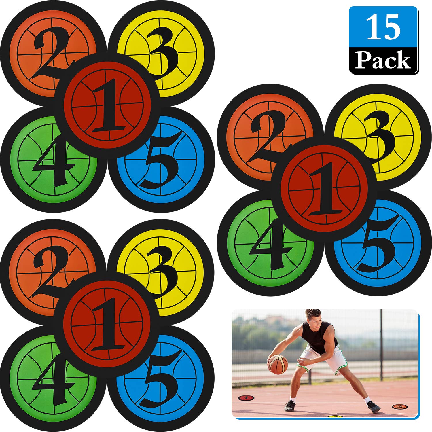 Outus 15 Pcs 7.5 Inch Basketball Spot Marker Colorful Training Marker Disc Spot Markers Stickers Number Floor Spot Markers Flat 