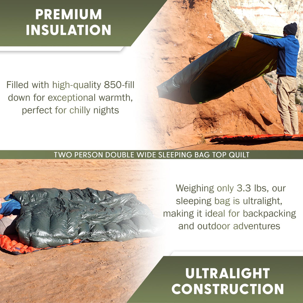 Two-Person Double Wide Sleeping Bag Top Quilt - 850 Down Ultralight Camping Blanket - 3.3 Lbs, 30F Rated, Water-Resistant Backpa