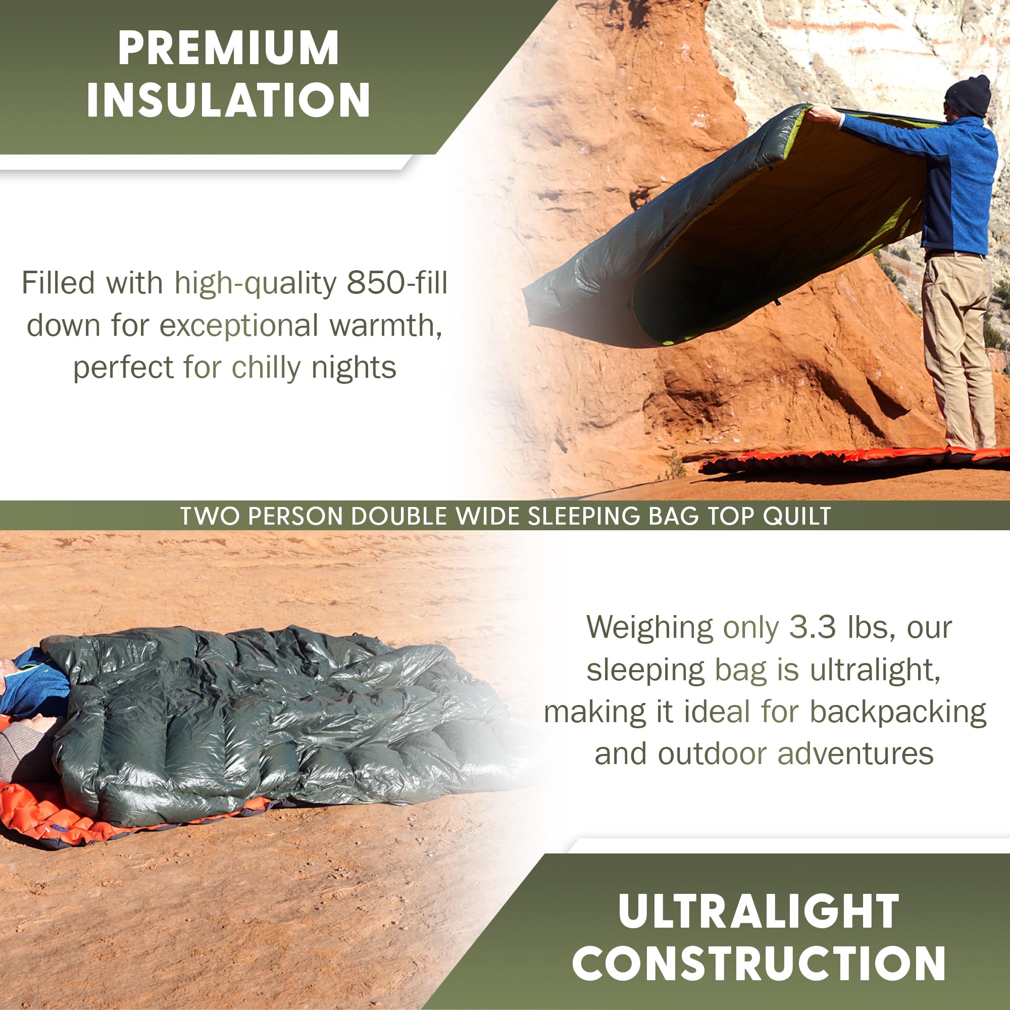 Two-Person Double Wide Sleeping Bag Top Quilt - 850 Down Ultralight Camping Blanket - 3.3 Lbs, 30F Rated, Water-Resistant Backpa