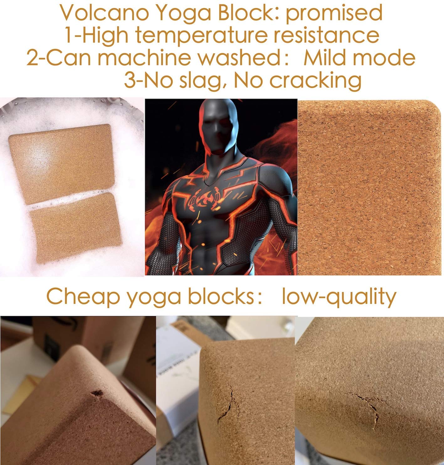 Volcano Cork Yoga Block&Yoga Strap-Natural Cork From Europe, 9''X6''X4'' Yoga Blocks Non-Slip&Anti-Tilt For Women| Men, Lightwei