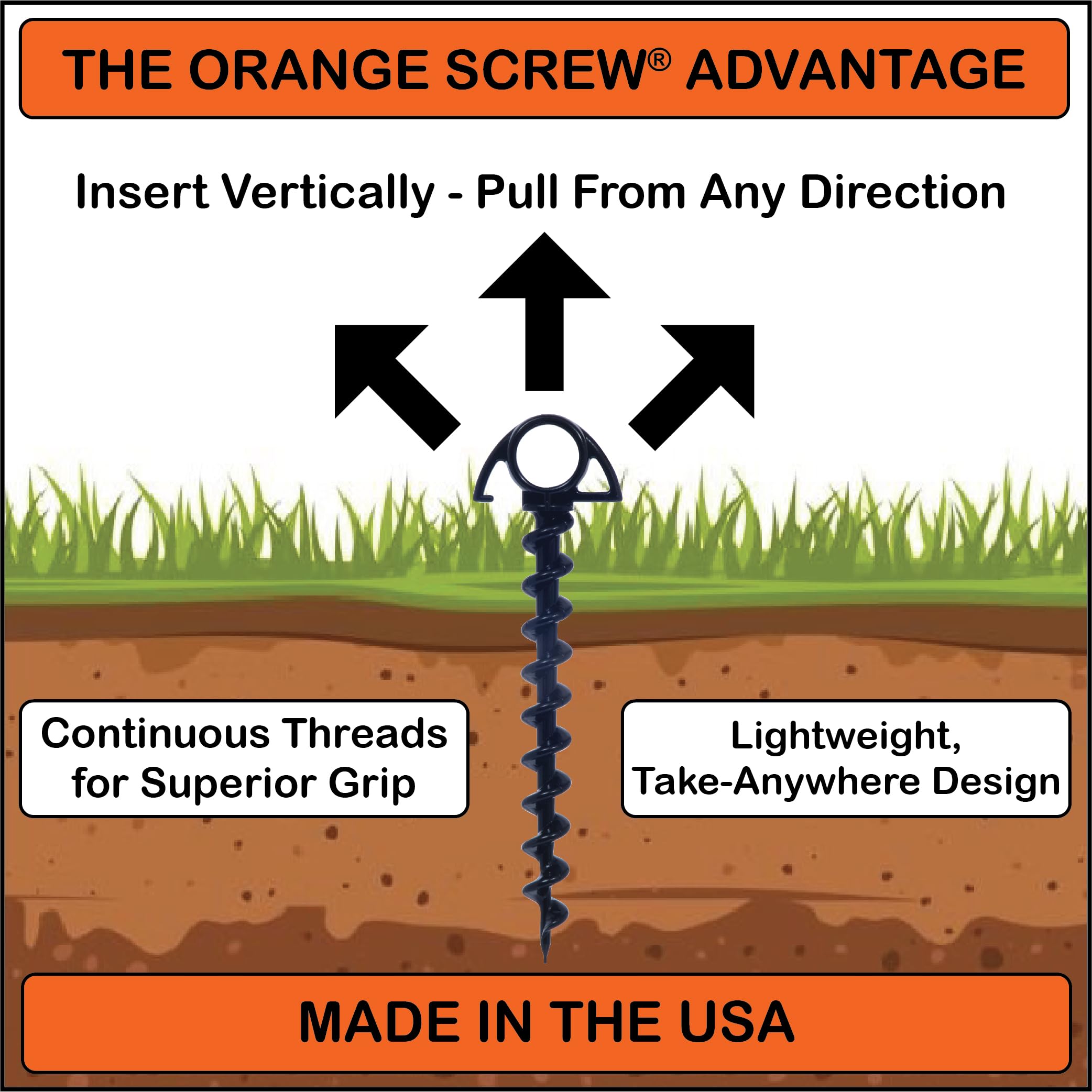 Orange Screw: The Ultimate Ground Anchor  Small 4 Pack Tent Stakes  Made In Usa (Black)