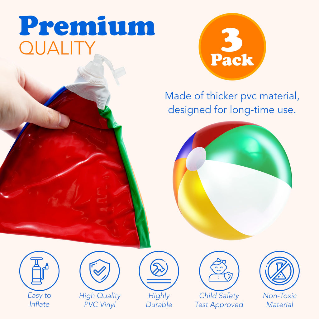 4E'S Novelty Beach Balls 3 Pack 20'' Inflatable For Kids - Toys & Toddlers, Pool Games, Toy Classic Rainbow Color