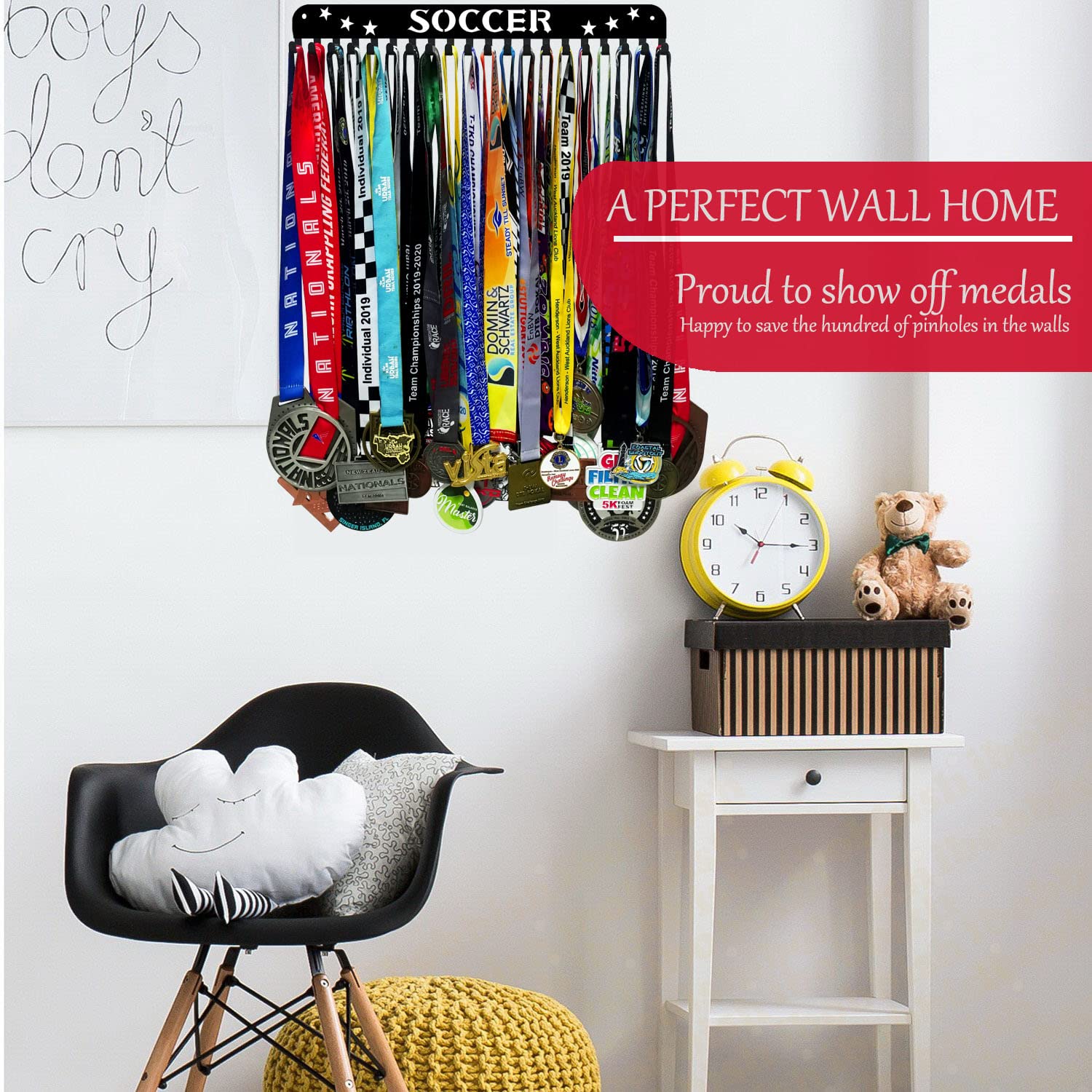 Soccer Sports Medal Holder Hanger Display Rack With 20 Hooks,Soccer Medal Holder For Wall With 16Inchl,Sports Medal Hanger Displ