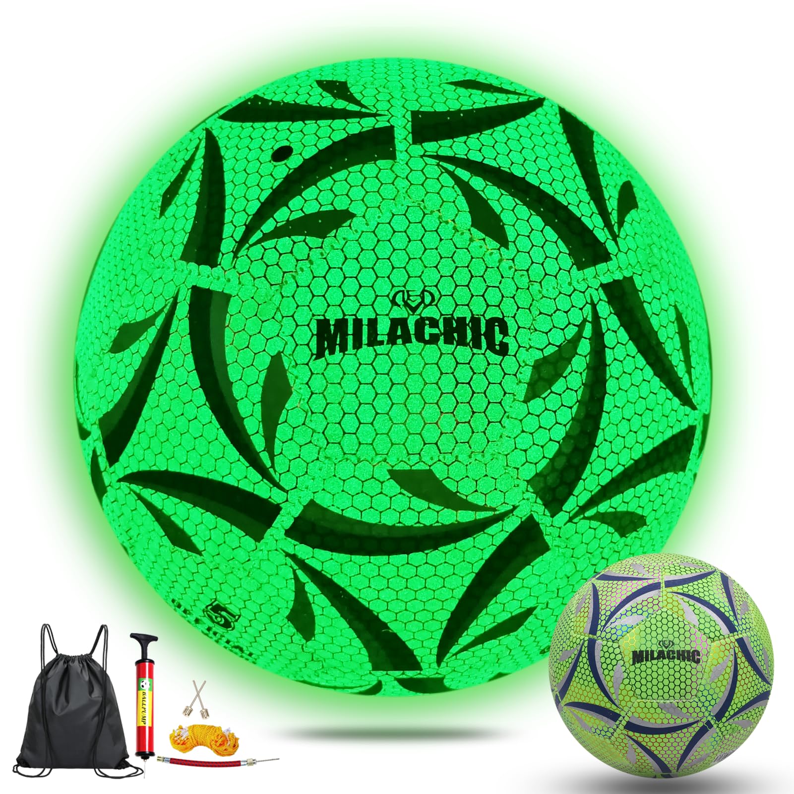 Milachic Soccer Ball, Glow In The Dark Soccer Ball Size 4 For Boys Girls, Green Glowing Luminous Soccer Ball Gift For Indoor Out