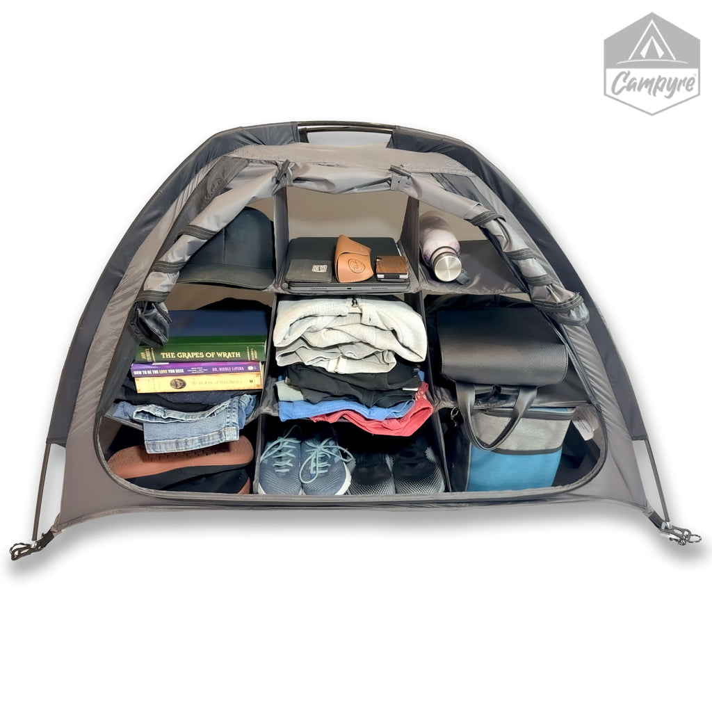 Campyre - Tent & Rv Camping Organizer With Zippered Flap, 9-Shelf Storage. Rv Shoe Organizer, Dining Tent Organizer. Organize An