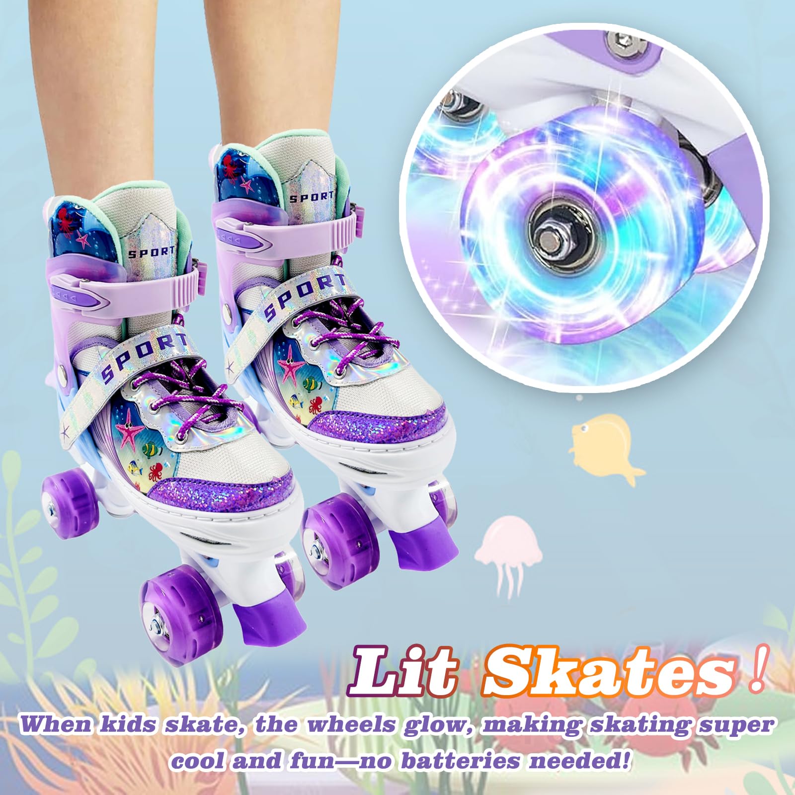 Adjustable Kids Roller Skates for Girls and Boys Ages 3-5 5-8 8-12, All 8 Wheels of Girls Skates Shine, Safe and Fun Illuminati