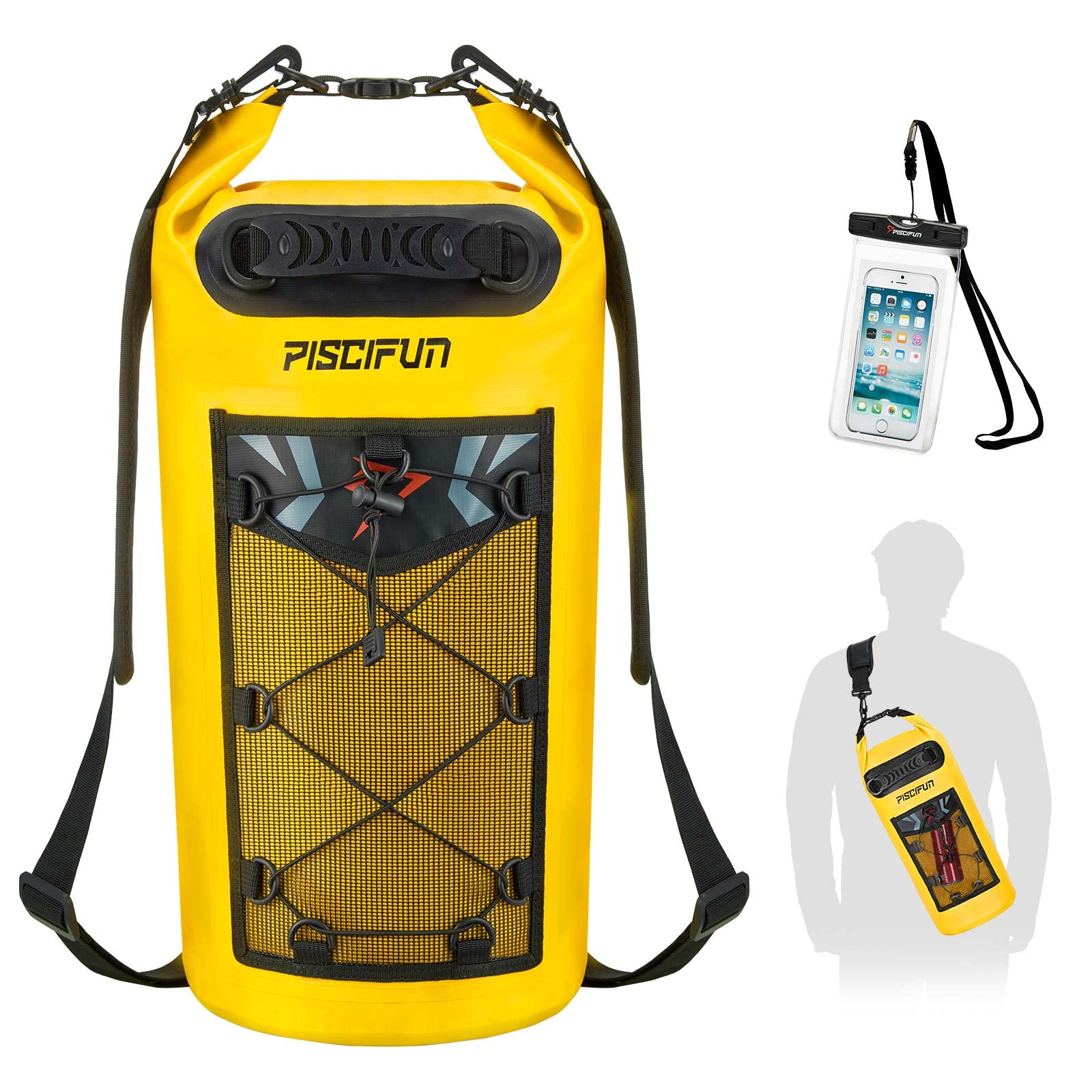 Piscifun Dry Bag, Waterproof Floating Backpack 10L with Waterproof Phone Case for Boating, Kayaking, Fishing, Yellow 10L
