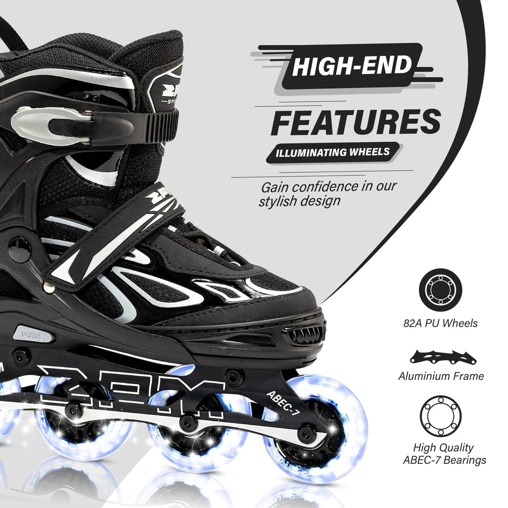 2PM SPORTS Vinal Inline Skates for Men with Light Up Wheels Adjustable Roller Women, Illuminating Outdoor Roller Skates for Kids