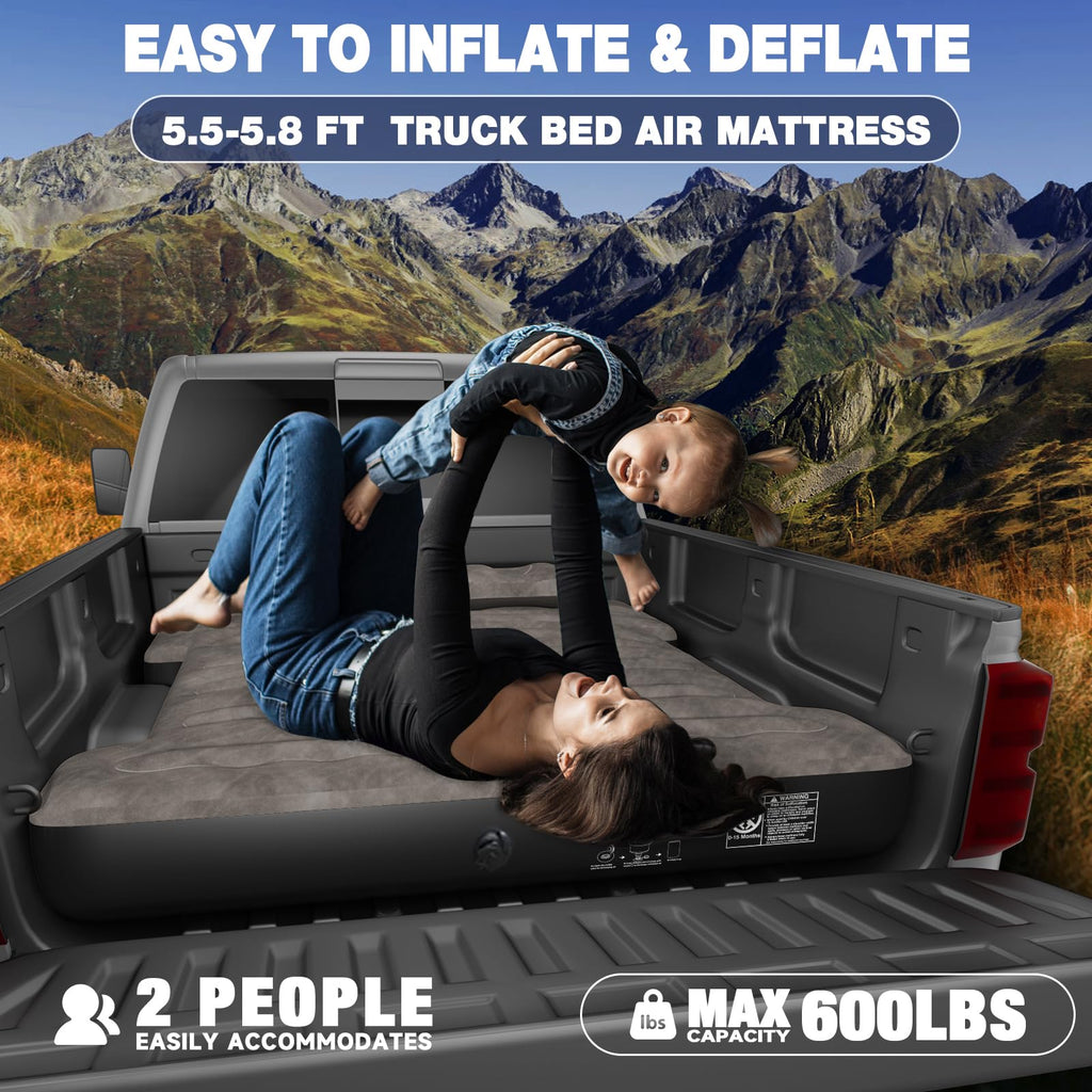 Uncle Elk Truck Bed Mattress 5.5-5.8Ft: Inflatable Air Mattress For Camping Short Truck Bed 2 Person, Air Pump 2 Pillows, Carry