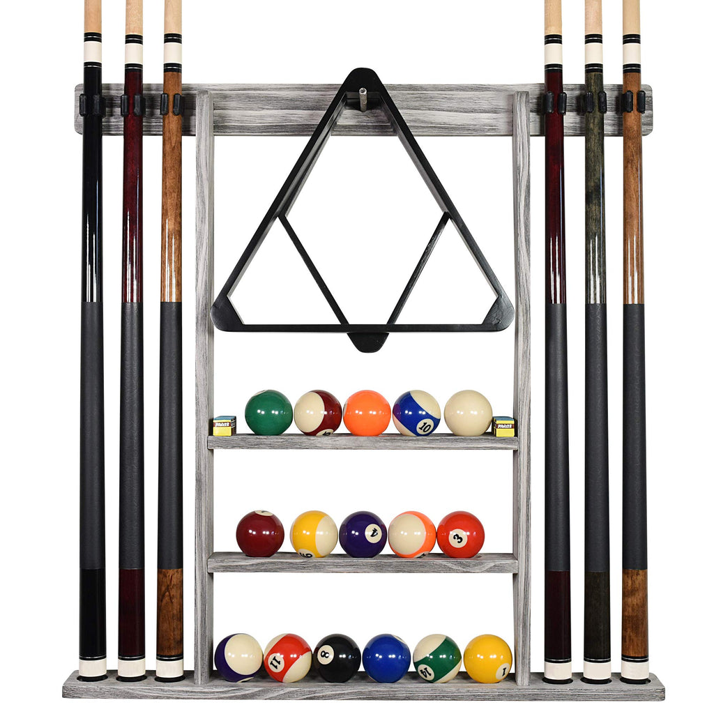 Billiards Xpress Pool Cue Rack - Pool Stick Holder Wall Mount With 16 Ball Holders & 6 Pack Of Chalk - Rubber Circle Pads & Larg