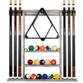 Billiards Xpress Pool Cue Rack - Pool Stick Holder Wall Mount With 16 Ball Holders & 6 Pack Of Chalk - Rubber Circle Pads & Larg