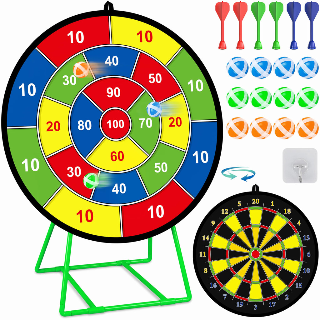 Large Dart Board For Kids With Stand, Double Sided Kids Dart Board With 12 Sticky Balls And Darts,Family Party Party Supplies Fo