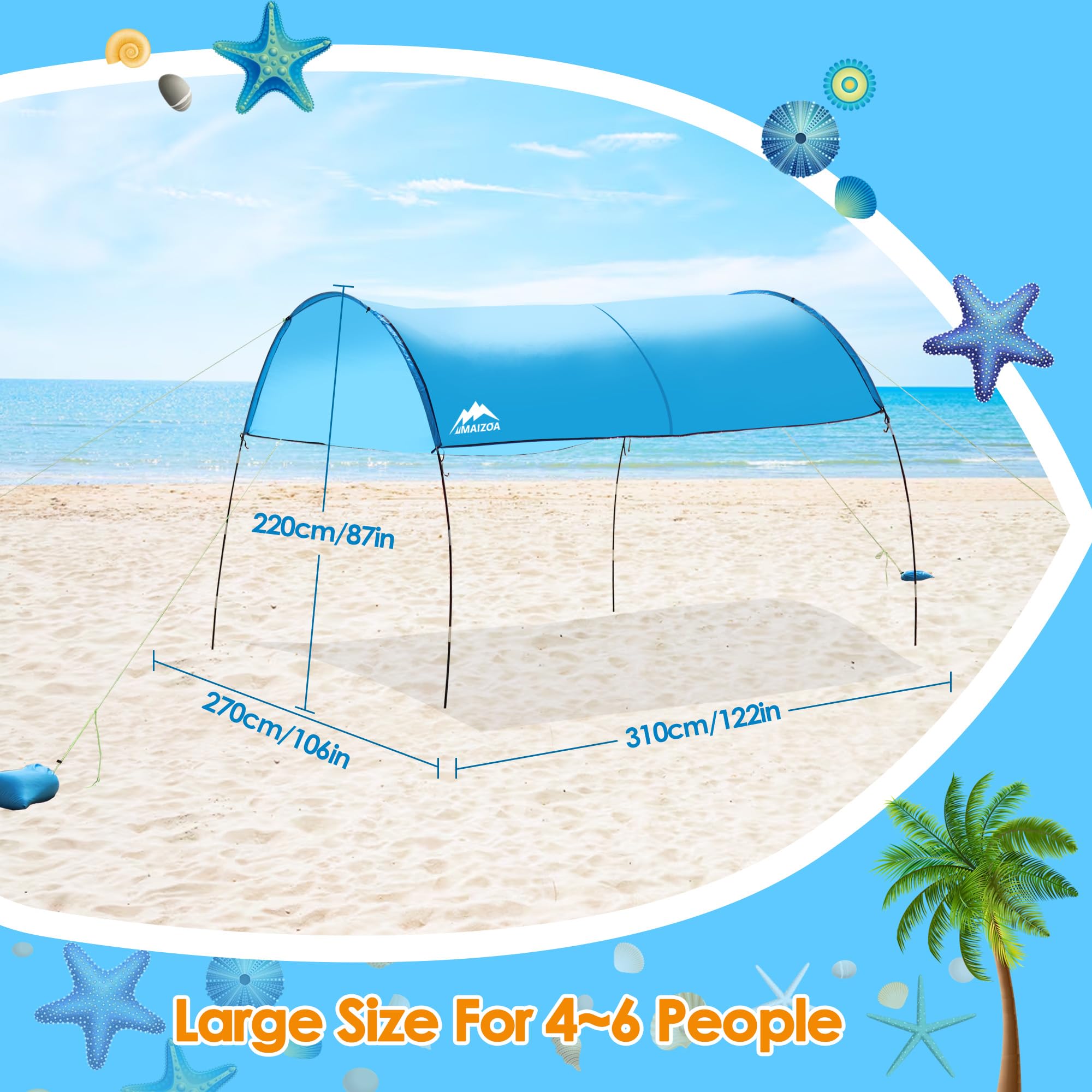 Maizoa 10 '*8.8 '*7.2 ' Beach Shade Tent, Enlarged Size, With Upf50+ Protection, Windproof And Waterproof, Suitable For Beach, L