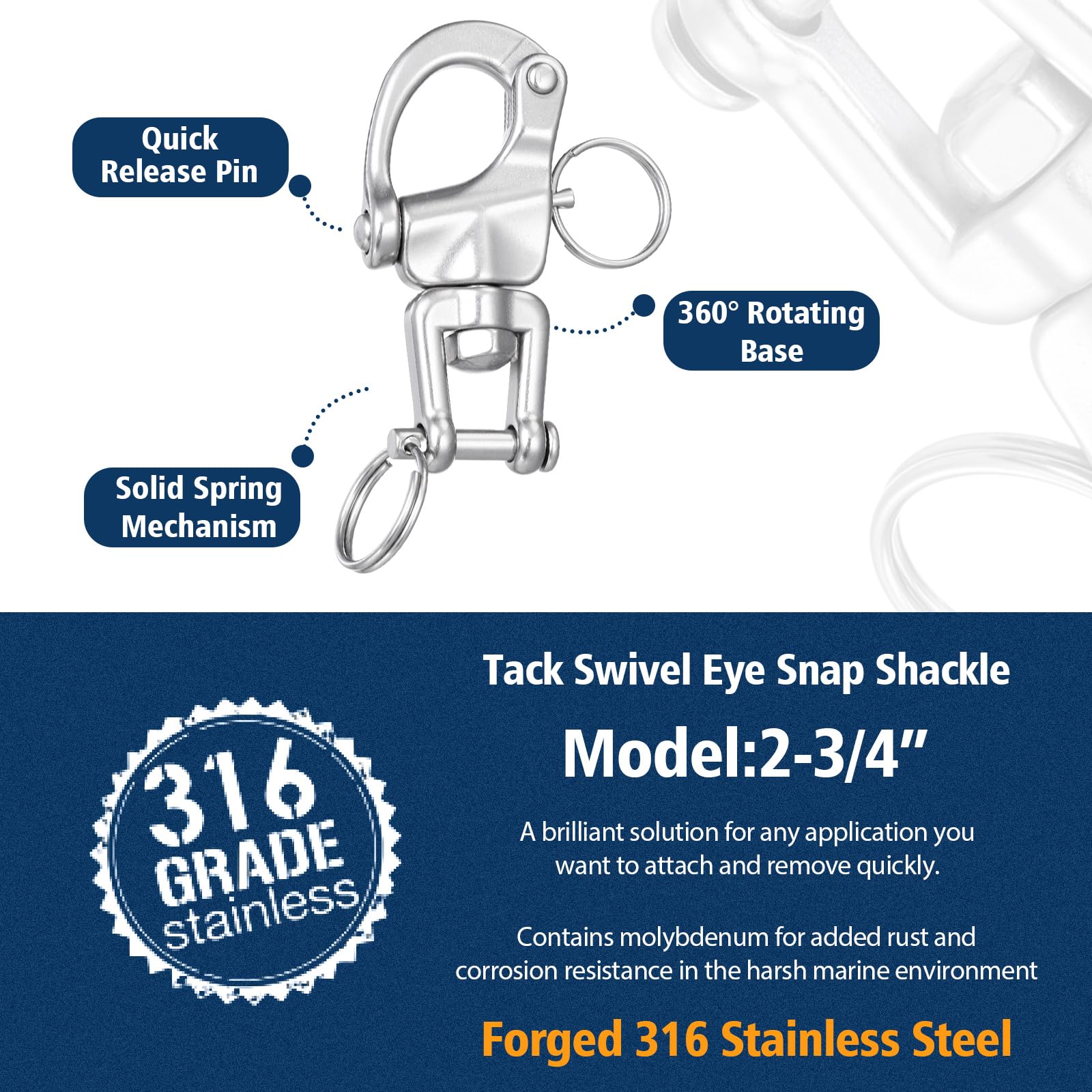 Otoolling 316 Stainless Steel Swivel Snap Shackle Clevis Quick Heavy Duty Release Spring Hook Marine Grade Sailing Halyard Shack