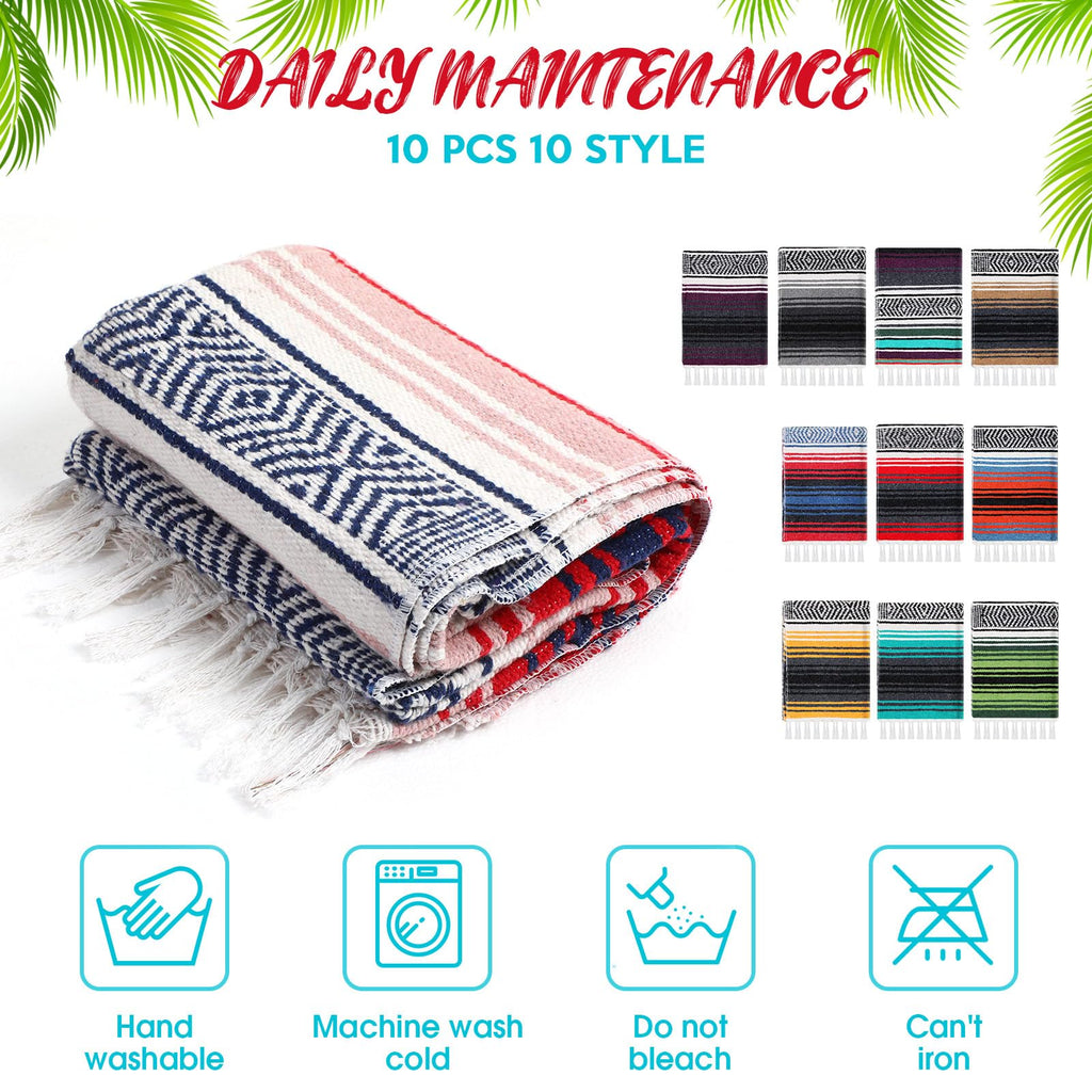 Oudain 10 Pack Mexican Blankets And Throws 45 X 70 Inch, Cotton Outdoor Camping Cozy Baja Blanket Woven Serape Restorative Yoga